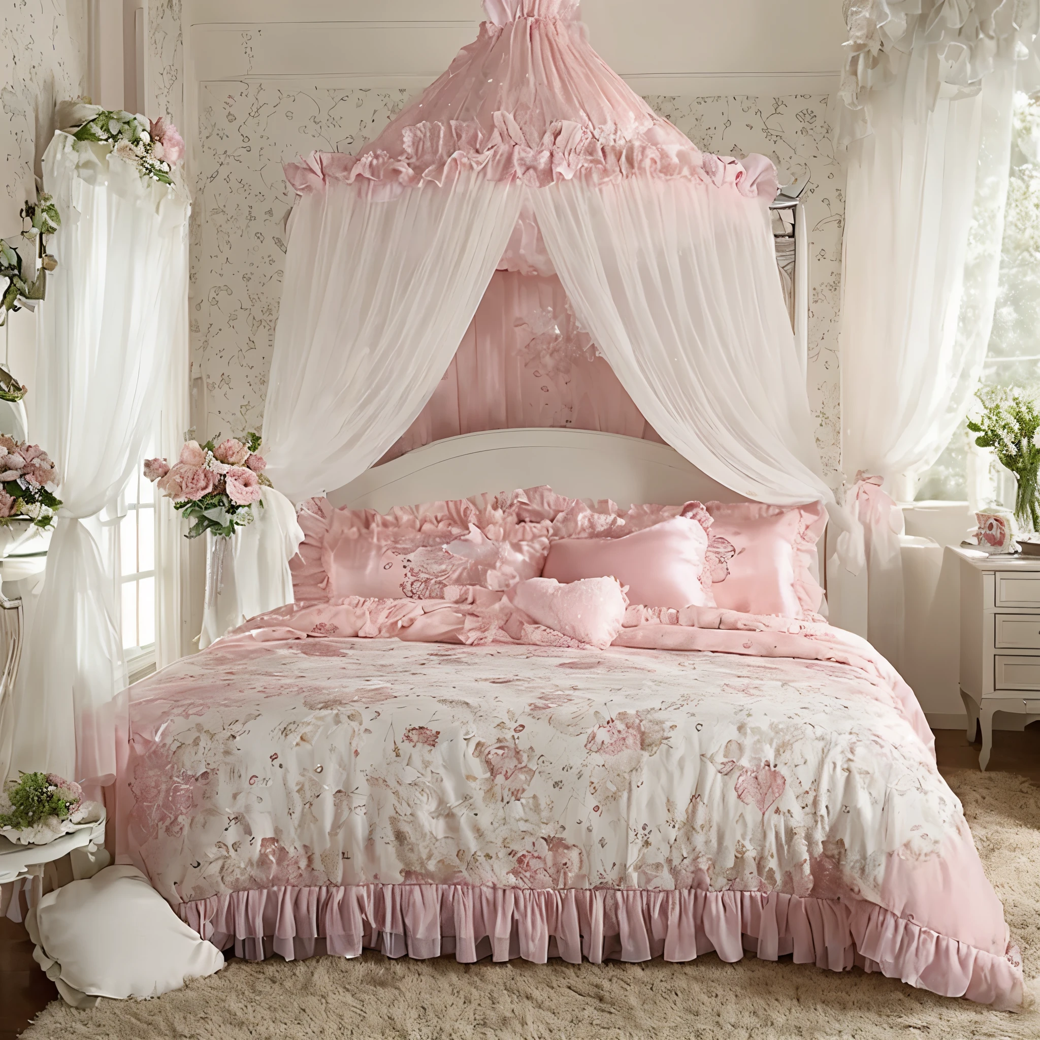 ,highest quality, masterpiece, highest resolution, artwork, super それにget used to it, many get used to it, get used to it, それにget used to it, 3K realistic photos,,children's room,,((princess's room)),((In a luxurious silk satin canopy bed,Four-poster king size bed with canopy,luxury canopy,luxury white bed frame in rococo style,ベッドの両側には豪華なshocking pinkのフリルカーテンが付いています。,(((ベッドの上にたくさん積み重ねて置かれたshocking pinkのフリルとレースの枕))),super detailed background,detailed bed,romantic atmosphere,,ソフトなshocking pinkのフリルとレースの付いたシルクサテン掛け布団,ソフトなshocking pinkのシルクサテンのフリル付き枕,detailed futon,shocking pink,shocking pinkのベッド,Duvet covers and pillowcases with detailed heart patterns,detailed ruffle bed skirt,