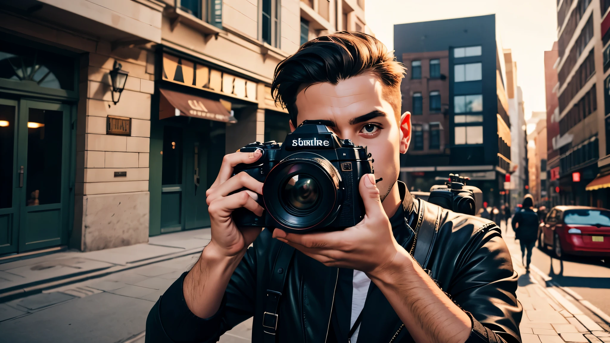 draw a dressed photographer, who holds the camera in front of him and takes pictures