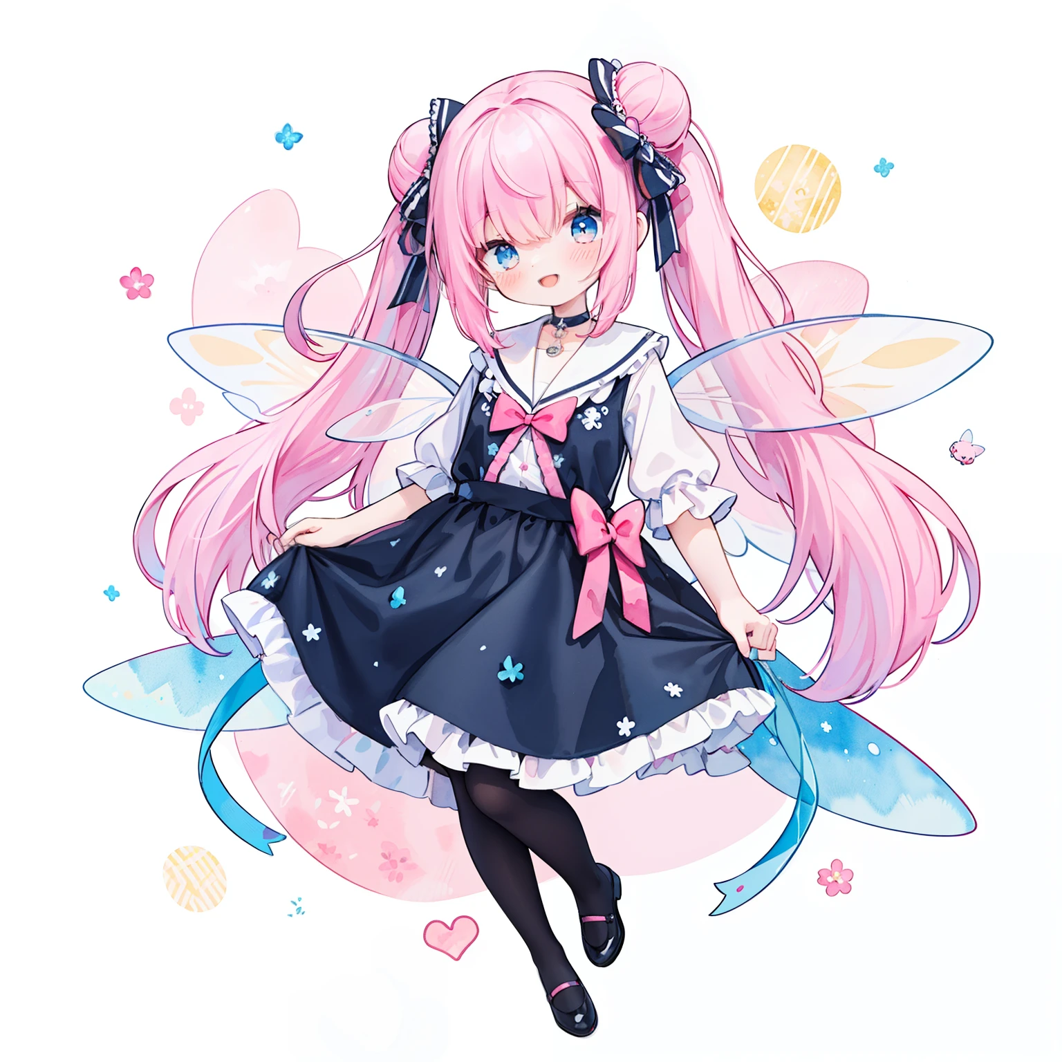 (pastel colour:1.3)、(cute illustration:1.3)、(watercolor paiting:1.1)、(Wearing large transparent fairy wings with polka dots：1.3),Falling from the sky,head down, raise your feet, Blue haired girl,Improve,ultra wide angle  ,detailed background、Fairy holding a bouquet of flowers smiling with open mouth、Fancy Fairy、A pink-haired、Bun head、jumpping、floating、masterpiece, highest quality, 1 girl, 一人in, length_hair, From above, light smile, panorama, perspective, looking for_in_viewer, 前hair, skirt, shirt, pink hair, colored inner hair, length_dispel, bow, ribbon, twin tails, hair_bow, heart, pantyhose, frills, shoes, choker, dull_前hair, black_skirt, pink_eye, frills付き_skirt, pink_bow, plinform_footwear, pink_theme, jirai_kei, whole body,,white background, bees sign：1.3