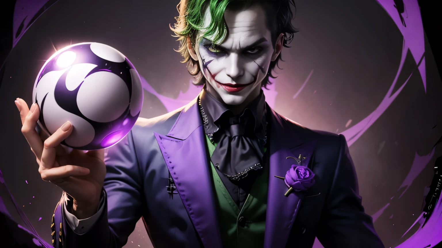 a card, joker, x-ray, psychedelic art, dark background, holding a purple ball hands