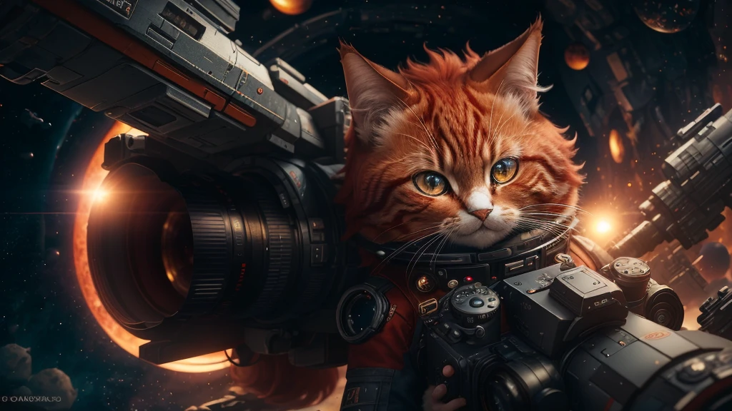 cinematic photo a detailed award winning photo, cute red haired cat space pirate on his spaceship ,realistic fur, fangs , angry, holding a big futuristic gun, epic pose, high quality photography, 3 point lighting, flash with softbox, 4k, Canon EOS R3, hdr, smooth, sharp focus, high resolution, award winning photo, 80mm, f2.8, bokeh . 35mm photograph, film, bokeh, professional, 4k, highly detailed,with earth background