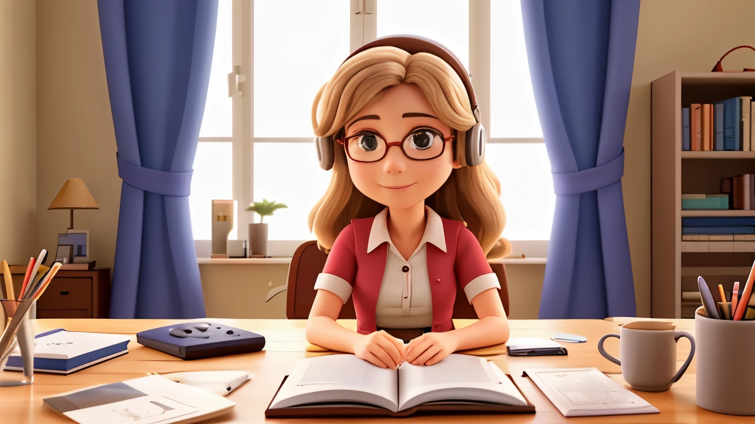 an adult woman is inside a room, sentada numa poltrona, lendo um livro, com fones no ouvido. She is next to a window where the curtain is blowing in the wind.. A luz do fim da tarde entra pela janela. The environment is clear