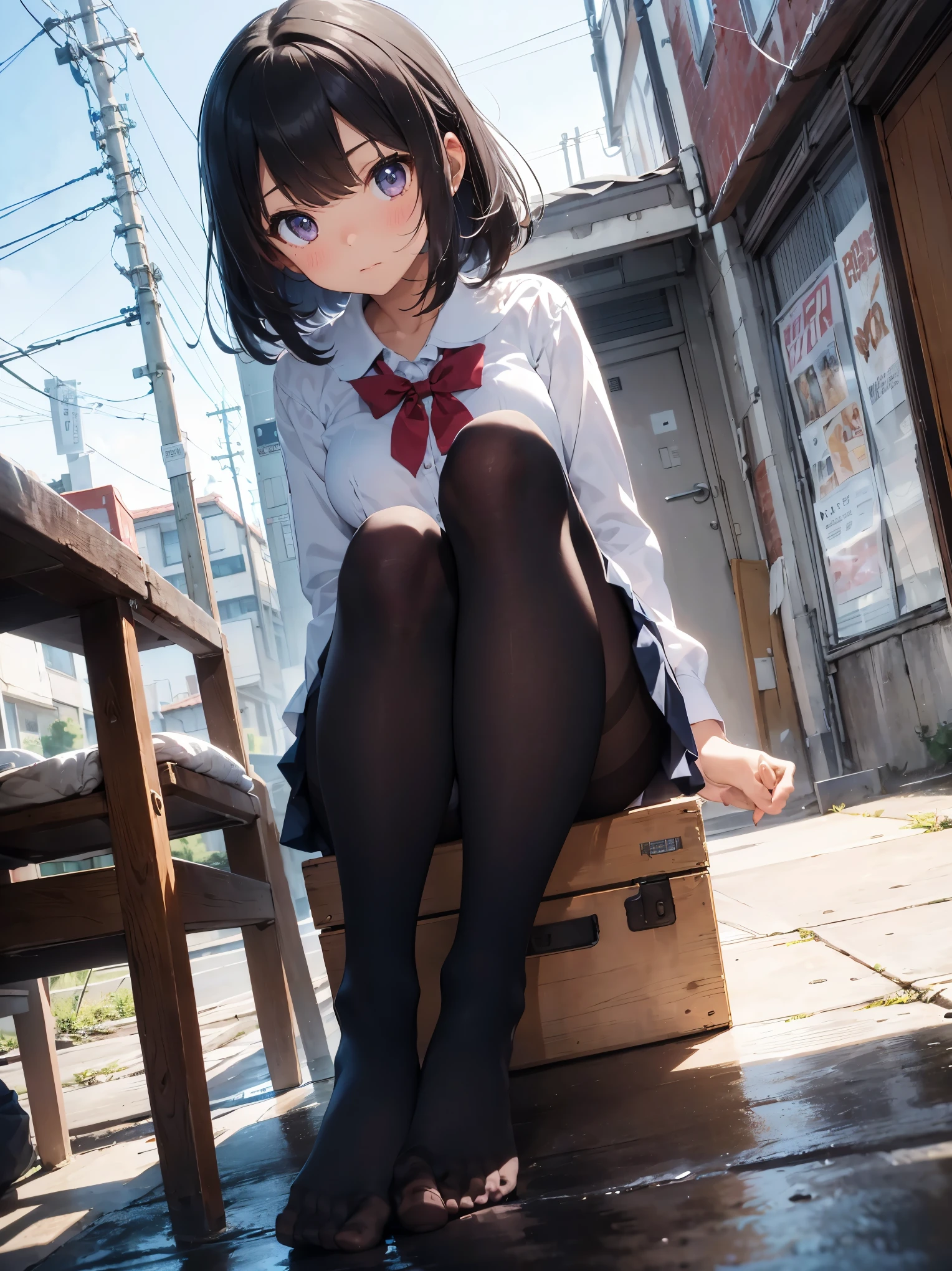 finest, masterpiece, High resolution, (whole body), front, symmetry, Mature , alone, (whole body from head to toe), small breasts, ((((bob hair))))、Light purple eyes, slightly black hair, (black tights), ( (black pantyhose), black pantyhose, (composition where she is made to sit and lift her foot and make her foot open), composition Show me your black panties, slender beautiful foot, very beautiful 17 year old girl (not wearing shoes) foot), blush, shy big eyes, messy hair, looking at camera, show me your white panties, White ruffled lingerie, high school uniform blazer, high school uniform white blouse, High school uniform with blue ribbon, Holding high school uniform shoes with short plaid pattern and navy pleated skirt in hand