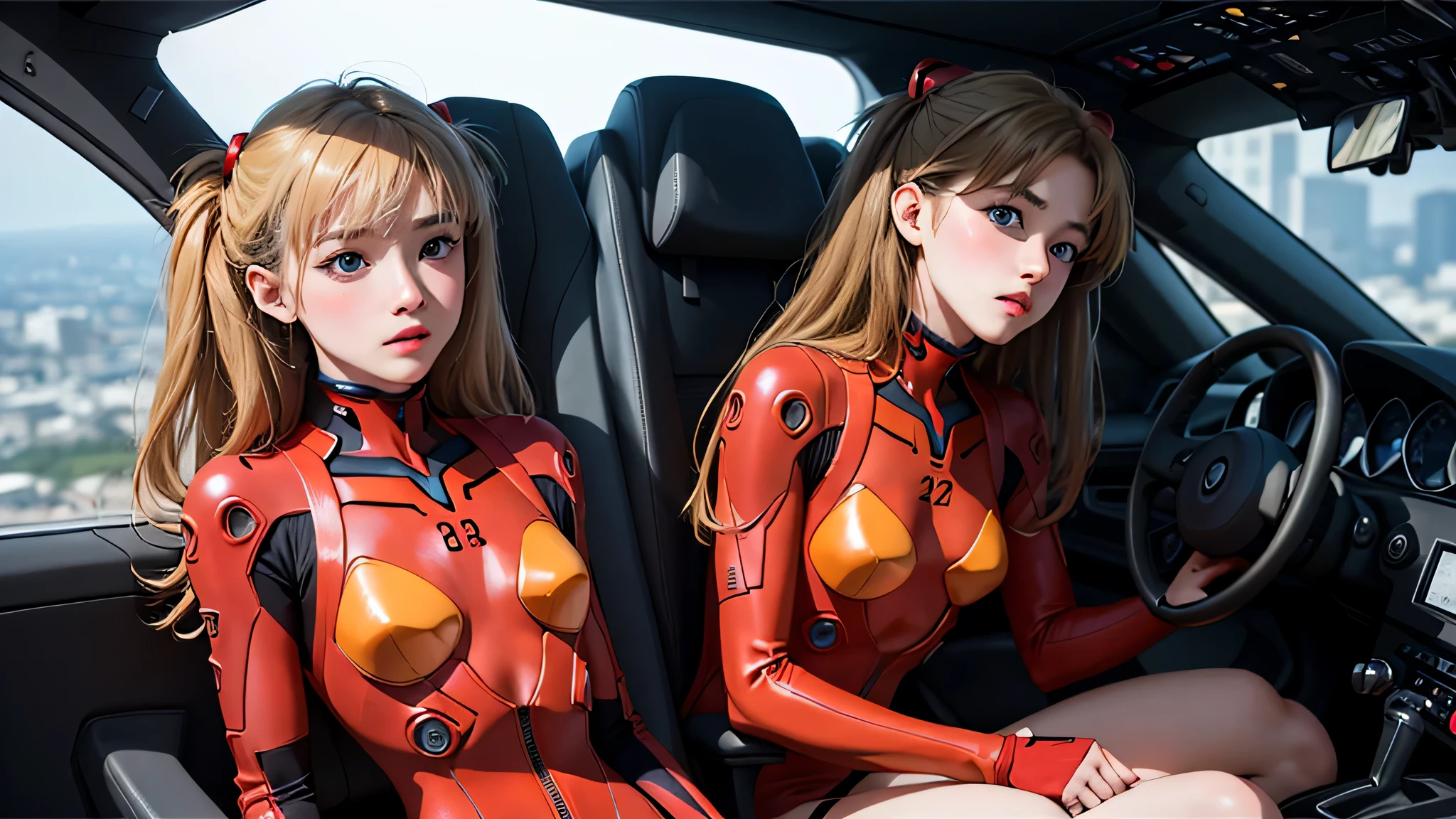 (masterpiece: 1.4, highest quality), (intricate details), unity 8k wallpaper, Super detailed, Beautiful and mysterious, detailed background, realistic, alone, Perfect detail face, detailed blue eyes, very detailed, blush, hair ornaments, chignon mahogany hair, (blonde hair), Plug suit 02,Shikinami Asuka Langley, Evangelion, Slender 15 year old girl, full body suit, black background, above the waist、lie down on a chair in the cockpit、sexy pose