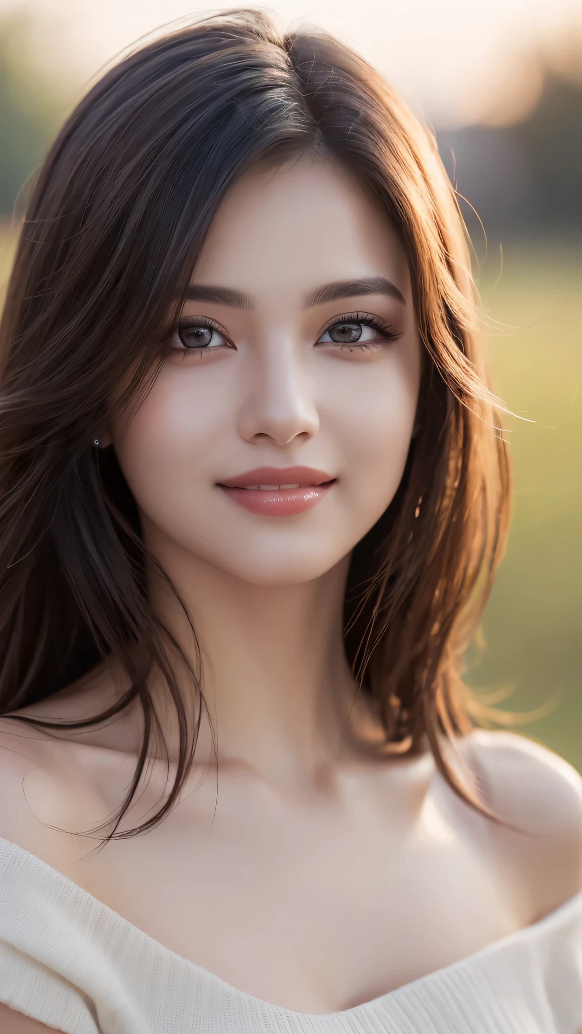 1woman, (Ultra realistic, high res), (highly detailed eyes, highly detailed hair, highly detailed face, highly detailed plump lips), (off shoulder), upper body, caute smile, (best quality:1.4), Raw photo, (realistic, photo-realistic:1.37), professional photography, cinematic light, (fine face: 1.2),