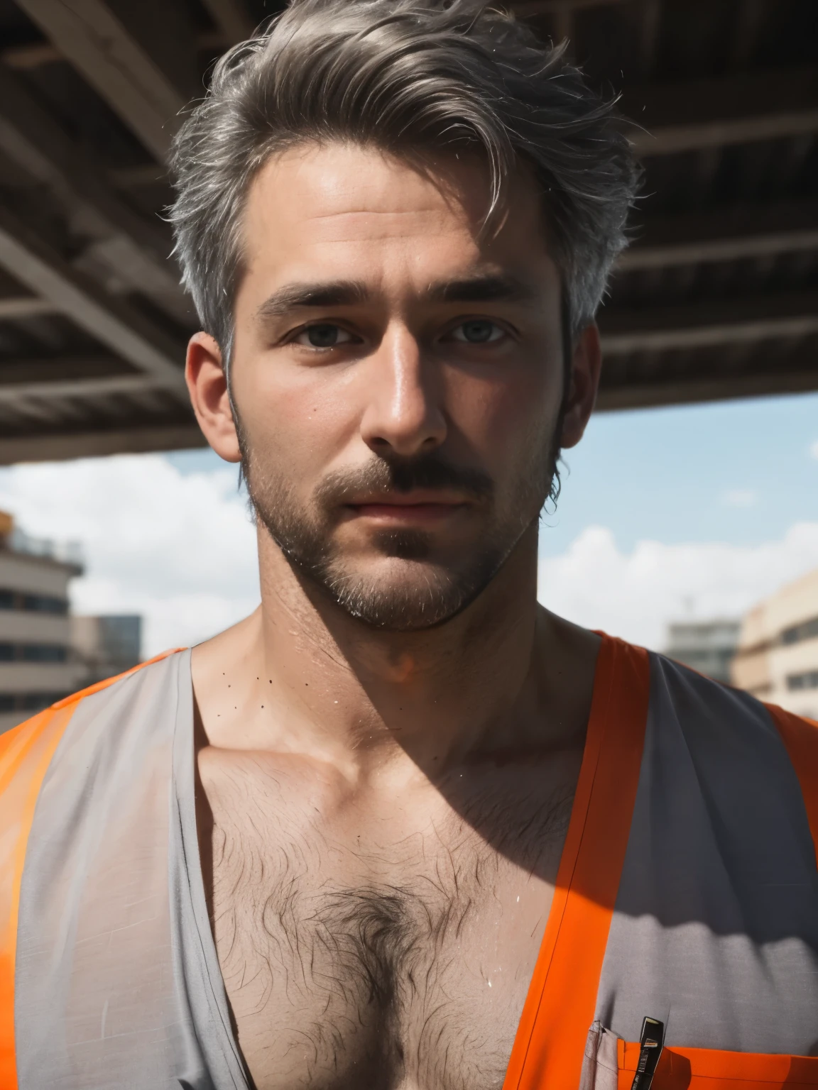 masterpiece, best quality, high resolution, closeup portrait, male focus, solo focus, A man, 40 years old, with construction worker uniform, unbuttoned work clothes, construction worker, silver grey hair, messy hairstyle, cute and seductive face, bare chest, body hair, facial hair, roman nose, sweaty, spreading legs, very skinny body, hairy legs, dimples, beard, goatee, bold jawline , in the background a construction site, orange safety vest, gay , erotic, view from below, amazing composition, front view, HDR, ultra quality, elegant, highly detailed