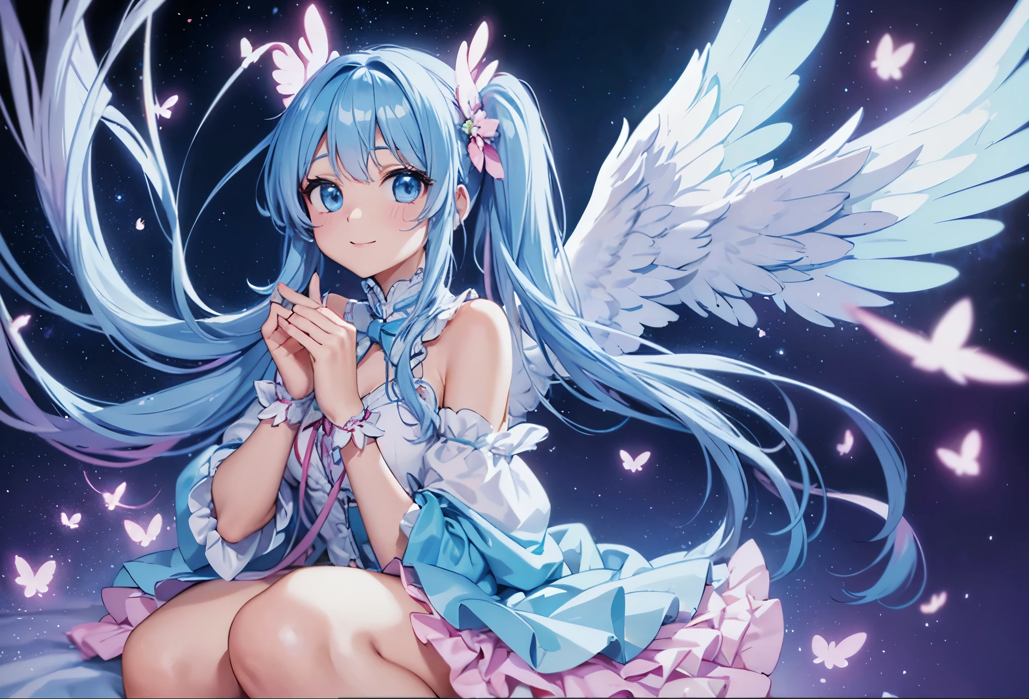 Colorful glowing angel wings、pretty girl、adorable smile、light blue long hair、twin tails、colorful angel costume、Pink and white costume ((highest quality))、((masterpiece))、(very detailed、most detailed、official art、beautiful beautiful:1.2)