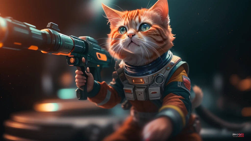 cinematic photo a detailed award winning photo, cute red haired cat space pirate on his spaceship ,realistic fur, fangs , angry, holding a big futuristic gun, epic pose, high quality photography, 3 point lighting, flash with softbox, 4k, Canon EOS R3, hdr, smooth, sharp focus, high resolution, award winning photo, 80mm, f2.8, bokeh . 35mm photograph, film, bokeh, professional, 4k, highly detailed,with earth background