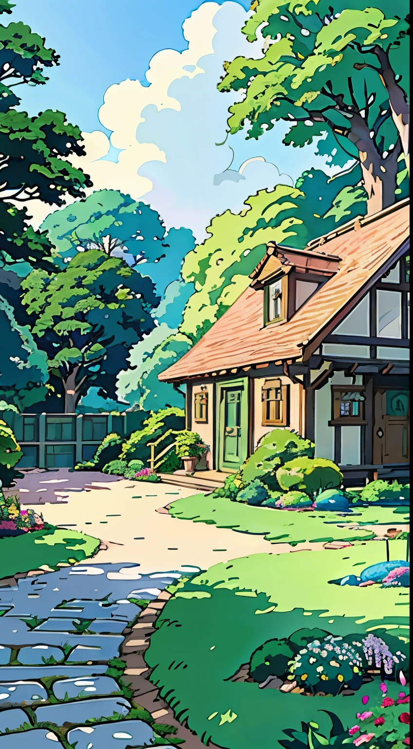 Drawing of a garden house with stone paths, studio ghibli environment, studio ghibli smooth concept art, studio ghibli landscape, Studio Ghibli concept art, ghibli studio art, Studio Ghibli Art Style, studio ghibli painterly style, ghibli art style, style of studio ghibli, studio ghibli sunlight, studio ghibli scheme, by Miyazaki, anime countryside scenery