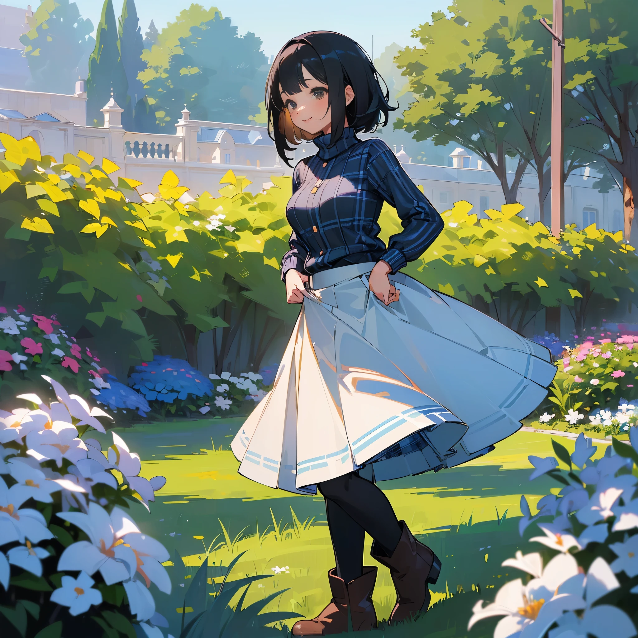 (high quality, High resolution, Super detailed, reality:1.37), peaceful atmosphere, (outdoor, garden), age girl standing alone, (My breasts are big.), Beautiful detailed features, cute smile, (black bob hair), ribbed sweater, Blue plaid skirt, black tights, brown boots.