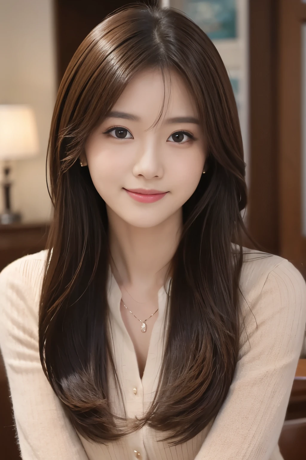 table top、highest quality、genuine、Super detailed、finely、High resolution、8k wallpaper、one beautiful woman、、、light brown disheveled hair、wearing a business suit、sharp focus、perfect dynamic composition、beautiful and detailed eyes、thin hair、詳細なgenuineな肌の質感、smile、close-up portrait、model body shape