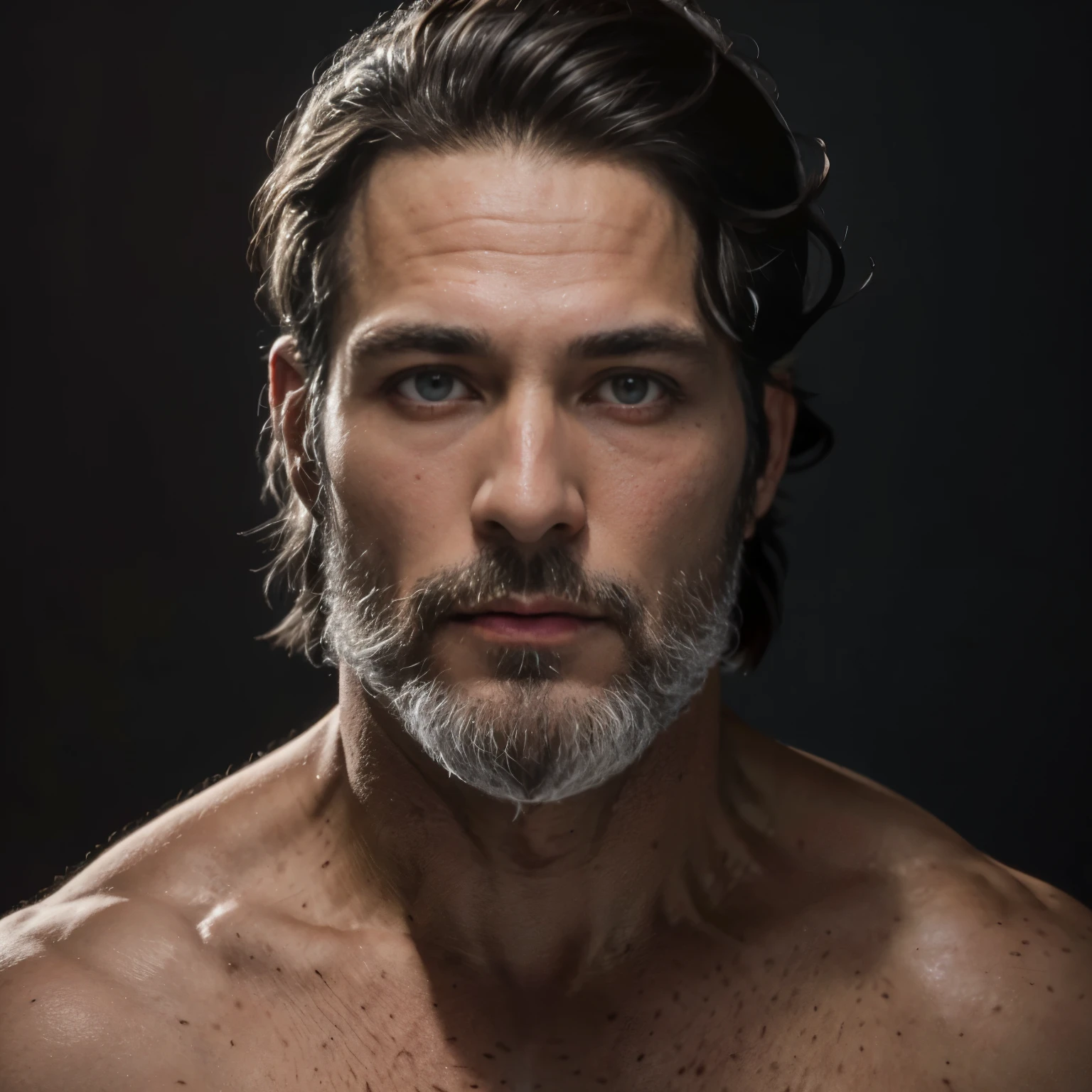 Retrato de hombre sin barba, Personas negras, symmetrical sides, Well-aligned face in the camera frame, Photograph of an adult man without a beard, sin barba, Hombre negro sin barba, Studio Photography, Imagen completa, Cerrar retrato, color photograph, shirtless, hairy legs, Modelo masculino, Hombre africano americano sin barba, full body shot, 40 year old, (textura de la piel), poros de la piel, poca profundidad de campo, Enfoque agudo de los ojos, cabello rizado