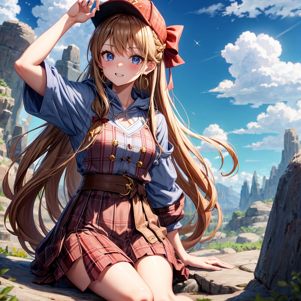 reddish-brown blonde、blue eyes、Braid、ponytail、one good looking girl、solo、anime、Plaid miniskirt、the skirt has buttons、camisole、black t-shirt、dress、Doing the ribbon、Ribbon at waist、cloak、Crystal Grotto、hood、desert、clouds are swirling、stone slabs are piled up、One hand is raised、Wearing a baseball cap 、crystal earrings、sun、sitting、gold coin、teeth are visible、Waist Pouch