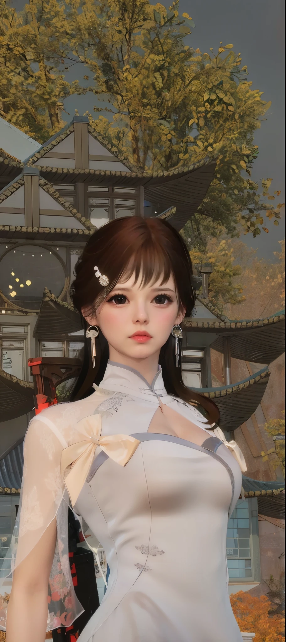 best quality, ultra high res, (photorealistic:1.4), 1girl, off-shoulder white shirt, black tight skirt, black choker, (faded ash gray hair:1), (huge breasts:1.2), looking at viewer, closeup ,