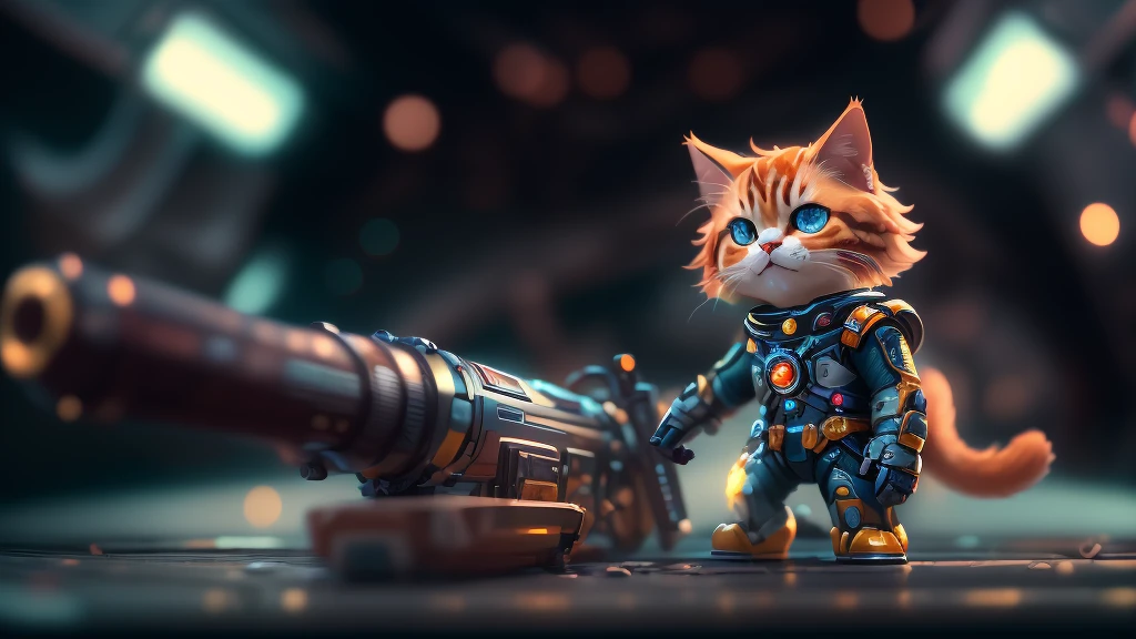 cinematic photo a detailed award winning photo, cute red haired cat space pirate on his spaceship ,realistic fur, fangs , angry, holding a big futuristic gun, epic pose, high quality photography, 3 point lighting, flash with softbox, 4k, Canon EOS R3, hdr, smooth, sharp focus, high resolution, award winning photo, 80mm, f2.8, bokeh . 35mm photograph, film, bokeh, professional, 4k, highly detailed,with earth background