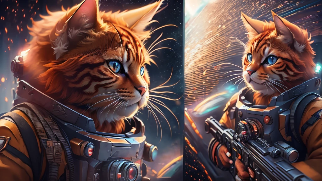 cinematic photo a detailed award winning photo, cute red haired cat space pirate on his spaceship ,realistic fur, fangs , angry, holding a big futuristic gun, epic pose, high quality photography, 3 point lighting, flash with softbox, 4k, Canon EOS R3, hdr, smooth, sharp focus, high resolution, award winning photo, 80mm, f2.8, bokeh . 35mm photograph, film, bokeh, professional, 4k, highly detailed,with earth background