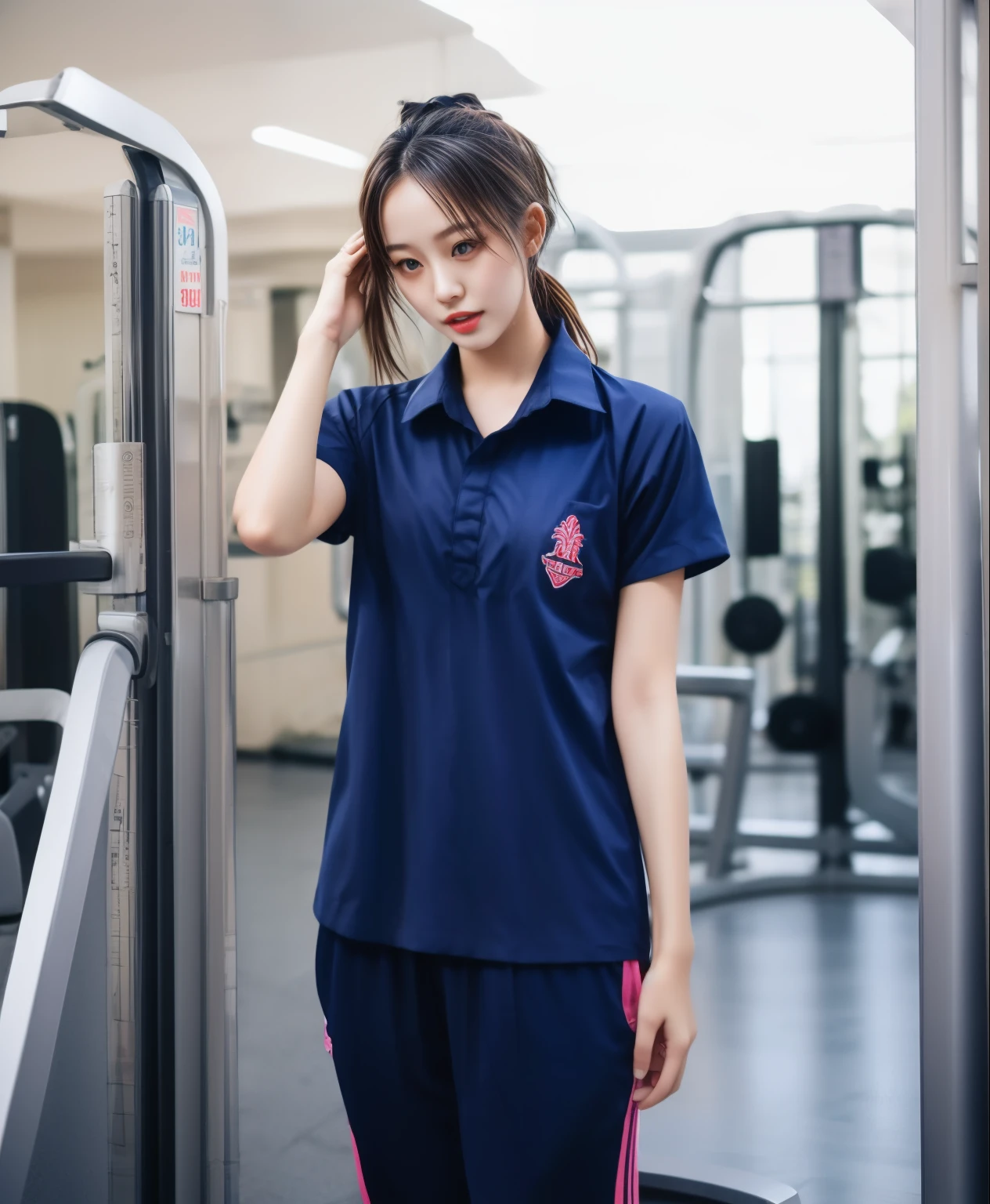 3 girls in fitness center, Navy blue short-sleeved shirt,Navy Long Trackpant,Sweatpants, Sweatpantsขายาว,25 year old girl, lesbian, sexy, exercise clothes, wet body, exercise clothes