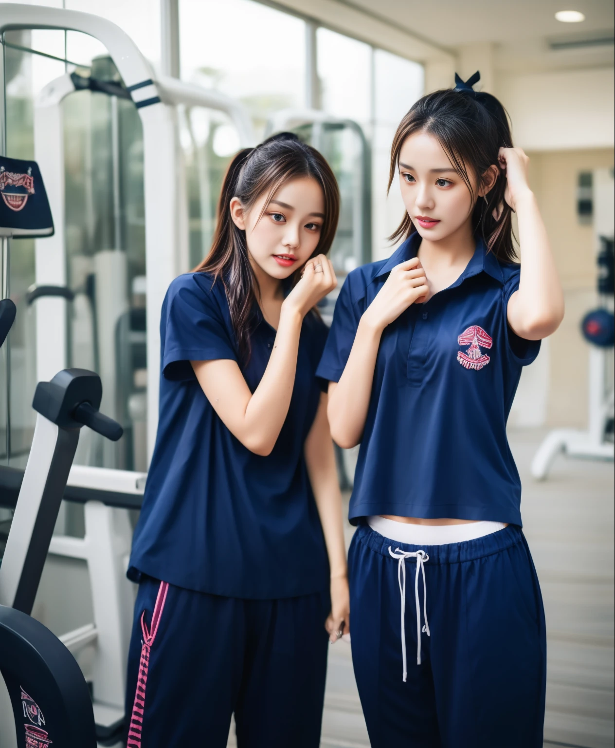 3 girls in fitness center, Navy blue short-sleeved shirt,Navy Long Trackpant,Sweatpants, Sweatpantsขายาว,25 year old girl, lesbian, sexy, exercise clothes, wet body, exercise clothes