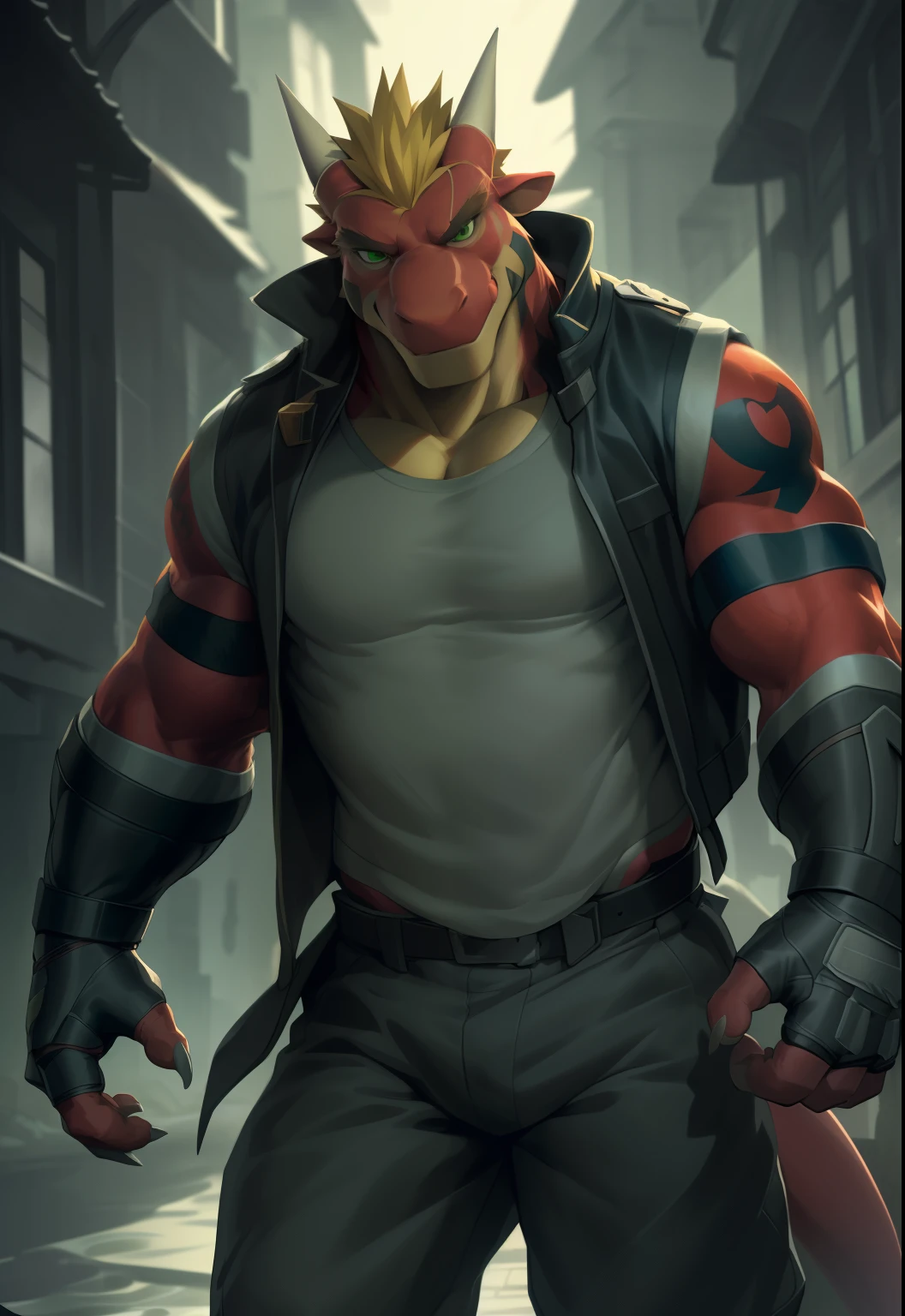 anthro, solo, delga, dragon, clothing, male, topwear, muscular, muscular anthro, jacket, shirt, fingerless gloves, green eyes, muscular male, red body, looking at viewer, hi res, bottomwear, tatoo, white vest, blonde hair, detailed background, photorealistic, realistic hands, 8k hd, extreme detail, (dark shadows, wide dynamic range, hdr, low light:1.2), by canyne khai,by milkytiger1145,by takemoto arashi,by null-ghost
