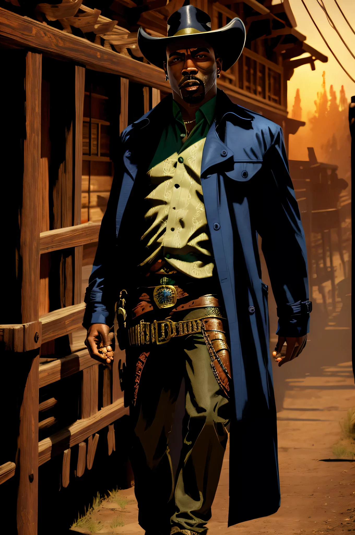 imagine a magical 2pac as a cowboy from the everquest realm walking in a western post apocalyptic town, hes wearing a magical trench coat, highly detailed, intricate, trending on artstation, shot on Sony A7s iii