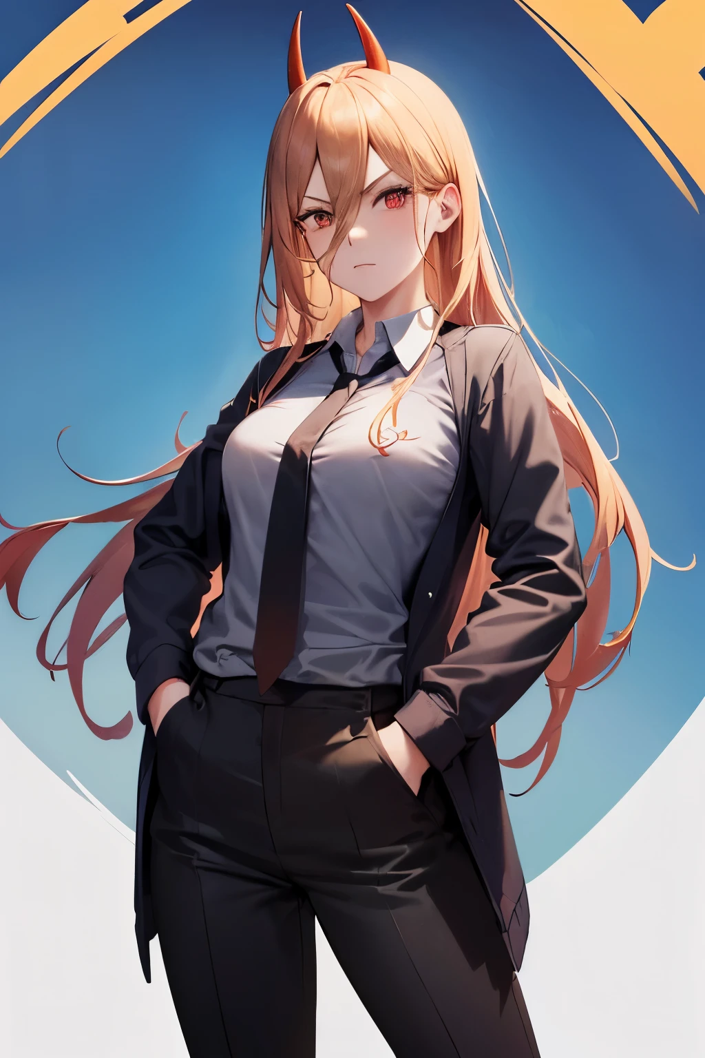 B4S3Outfit, 1girl, power (chainsaw man), horns, solo, (realistic:0.5), masterpiece, solo, ray tracing, DOF, HDR, mascara, shiny hair, medium breasts, ((looking at viewer)), (playmate pose:1.1), (full body:1.1), ((8k wallpaper)), ((highres)), necktie, long hair, red horns, blonde hair, shirt, red eyes, black necktie, symbol-shaped pupils, breasts, jacket, white shirt, looking at viewer, blue jacket, pants, (hand_in_pocket :1.4), demon horns, cross-shaped pupils, collared shirt, hair between eyes, black pants, (grassfield_background:1.5), (blue sky:1.3), (sun:1.3), (moutain:1.3),