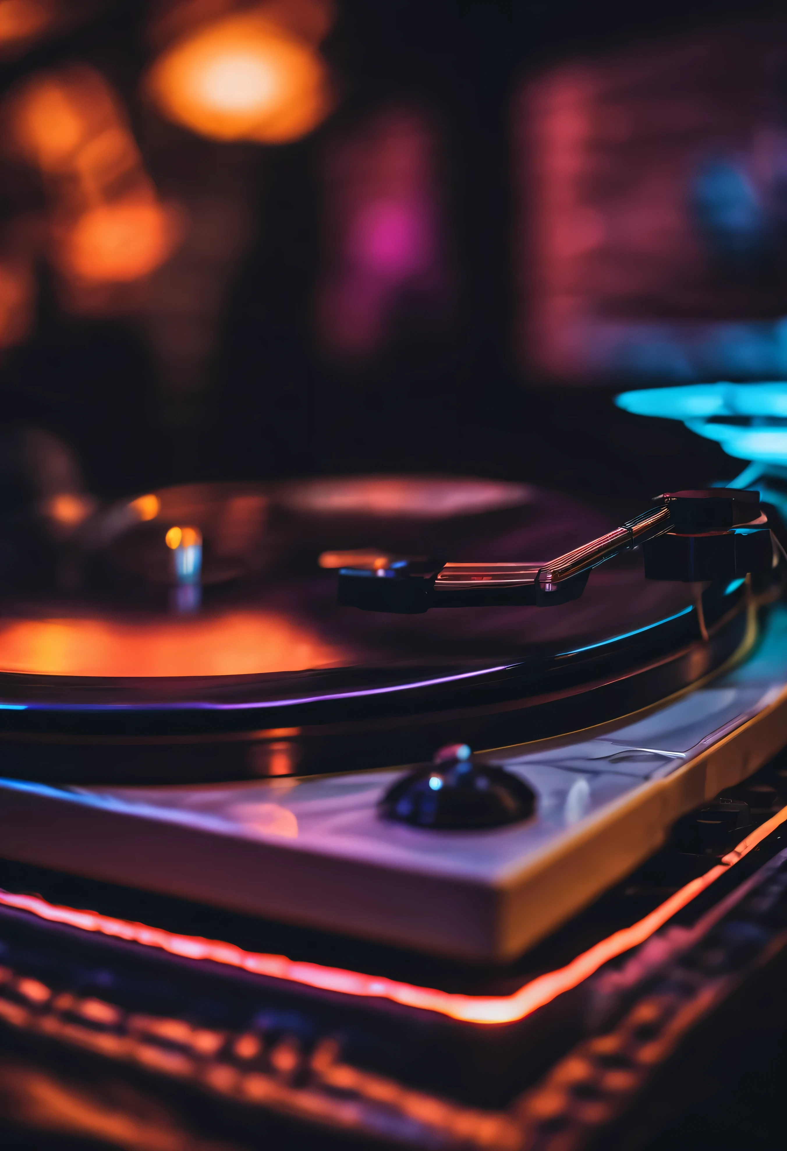 (Mejor calidad,high resolution:1.2), Primer plano de tocadiscos de vinilo con mucho detalle , nightclub neon ambient atmosphere,fondo de colores cambiantes,ambiente acogedor,calming melodies,energetic rhythms,sonido vibrante,sombras sutiles,soft and harmonious composition,focos parpadeantes,creative images, lugar espacioso,ambiente animado,surreal atmosphere,warm tones,Etapa brumosa,Dream atmosphere,Art scene,Patrones abstractos,amplificadores coloridos,illuminated stage curtain,instrumentos brillantes,eclectic decoration,Psychedelic vibes,Ethereal aesthetic,Magic night,movimiento fluido,Electric atmosphere