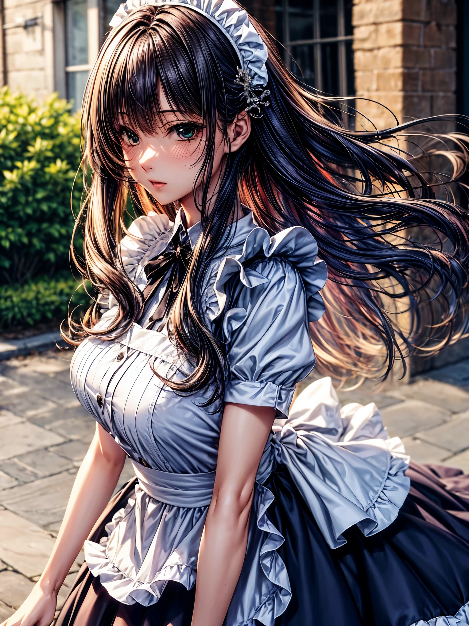 (top-quality、tmasterpiece、high resolution、super high image quality), 1girl, 8K, Rei Himiyama, Amakano, dark purple hair, long hair, straight hair to the waist, perfect figure, 20 years old, F Cup, big butt, green eye, (clear eye white part),  maid outfit，dark purple hair，mature face，slim figure