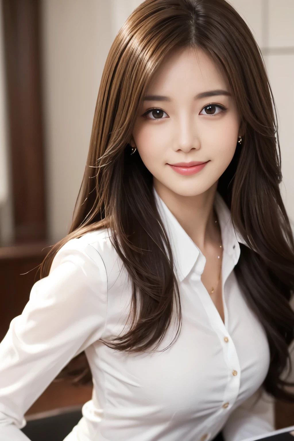 table top、highest quality、genuine、Super detailed、finely、High resolution、8k wallpaper、one beautiful woman、、、light brown disheveled hair、wearing a business suit、sharp focus、perfect dynamic composition、beautiful and detailed eyes、thin hair、詳細なgenuineな肌の質感、smile、close-up portrait、model body shape
