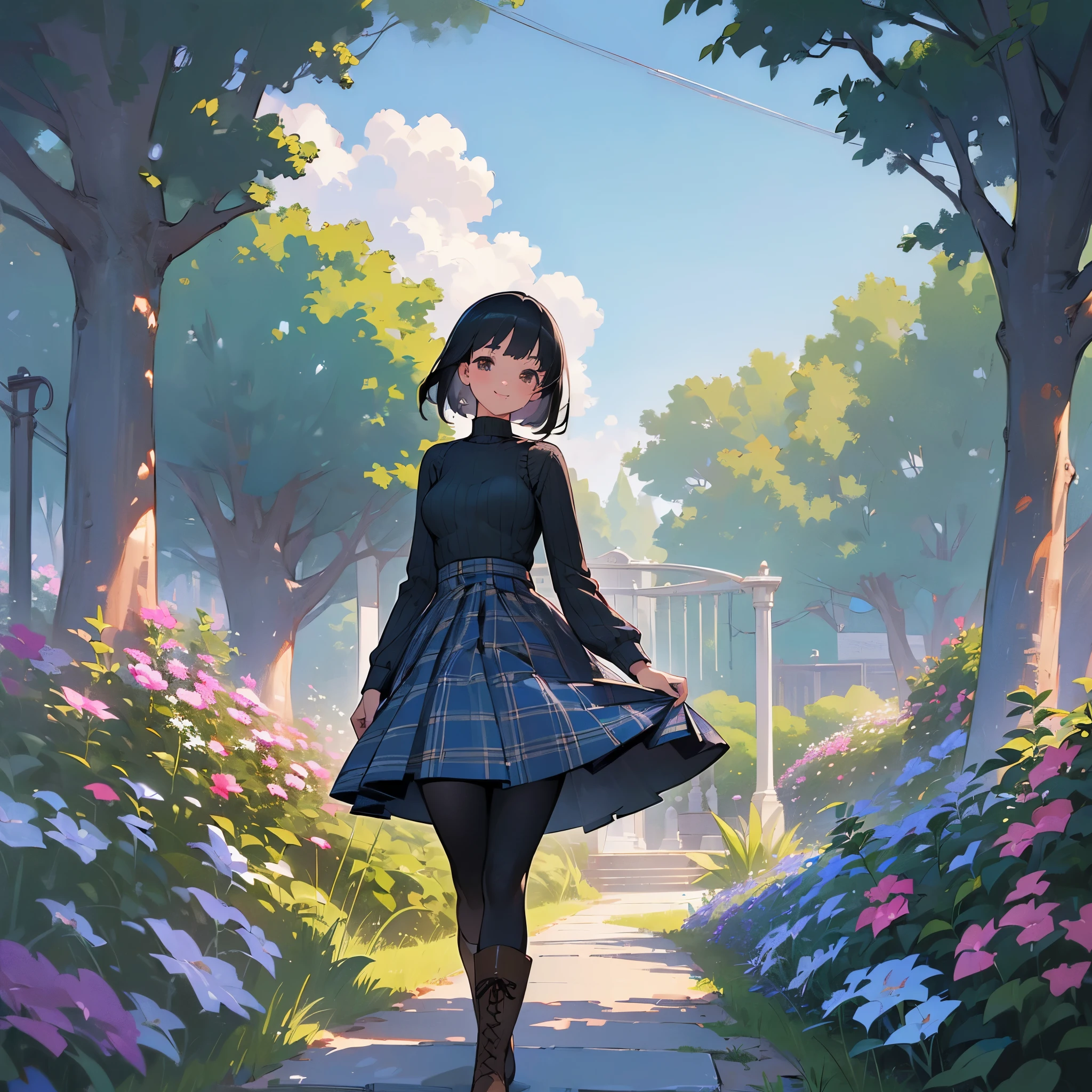(high quality, High resolution, Super detailed, reality:1.37), peaceful atmosphere, (outdoor, garden), Teenage girl standing alone, (My breasts are big.), Beautiful detailed features, cute smile, (black bob hair), ribbed sweater, Blue plaid skirt, black tights, brown boots.