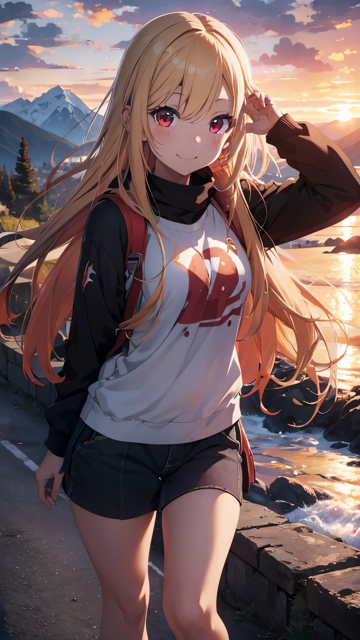 One anime style girl, long blonde hair, red eyes, mountain, sunset, walking, cloudy, 8k, masterpiece:1.2, ultrasharp, vivid colors, HDR, studio lighting, ultra-fine painting, physically-based rendering, extreme detail description, mountain gear chlotes, happy face.