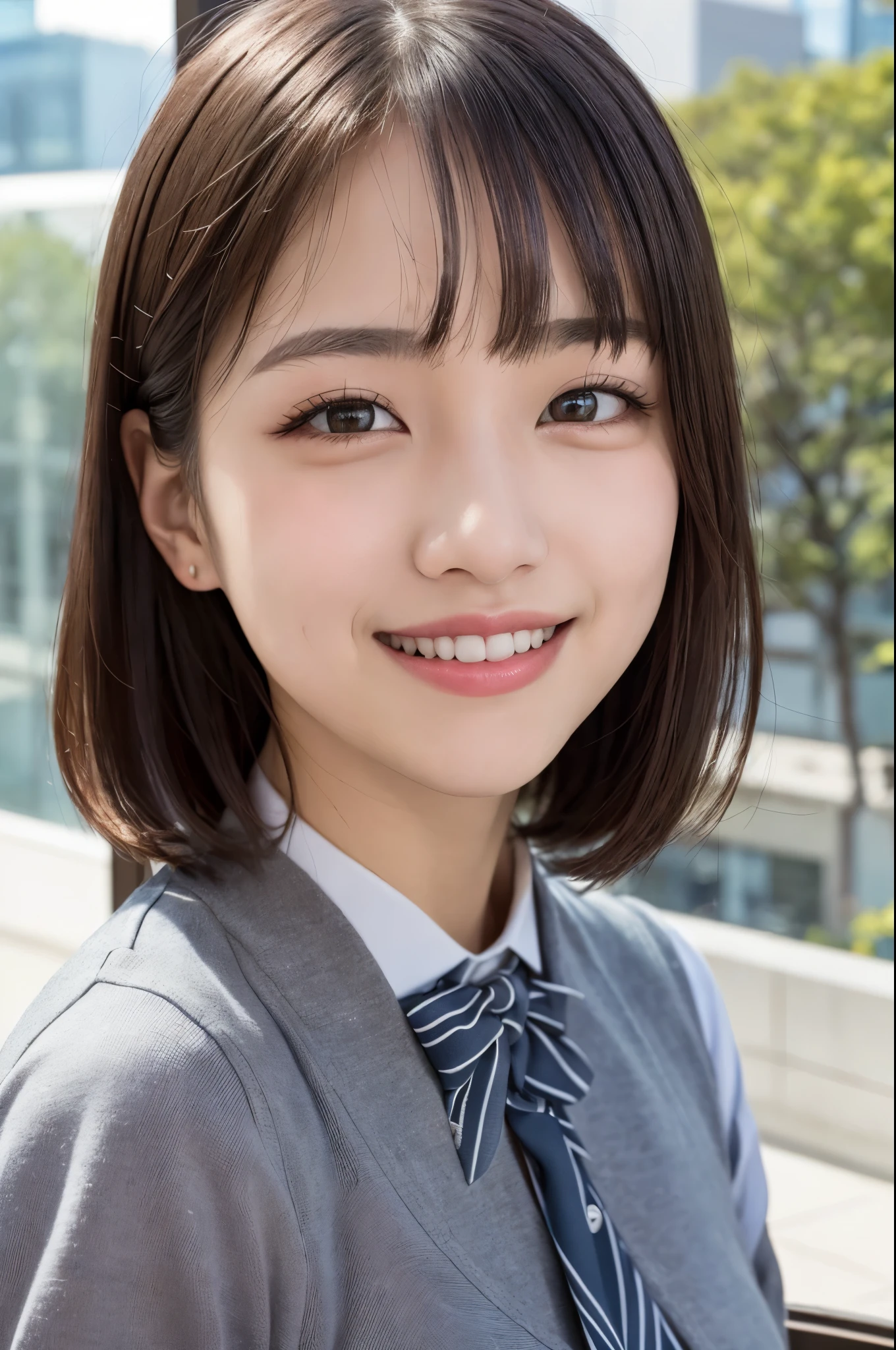 vest, bow, photograph, realistic, highest quality, hire, detailed face, office, building from the window, detailed background, diffused sunlight, Depth of bounds written, Bokeh、beautiful face、smile、ばっちりmake、make、韓国風make、Korean beauty