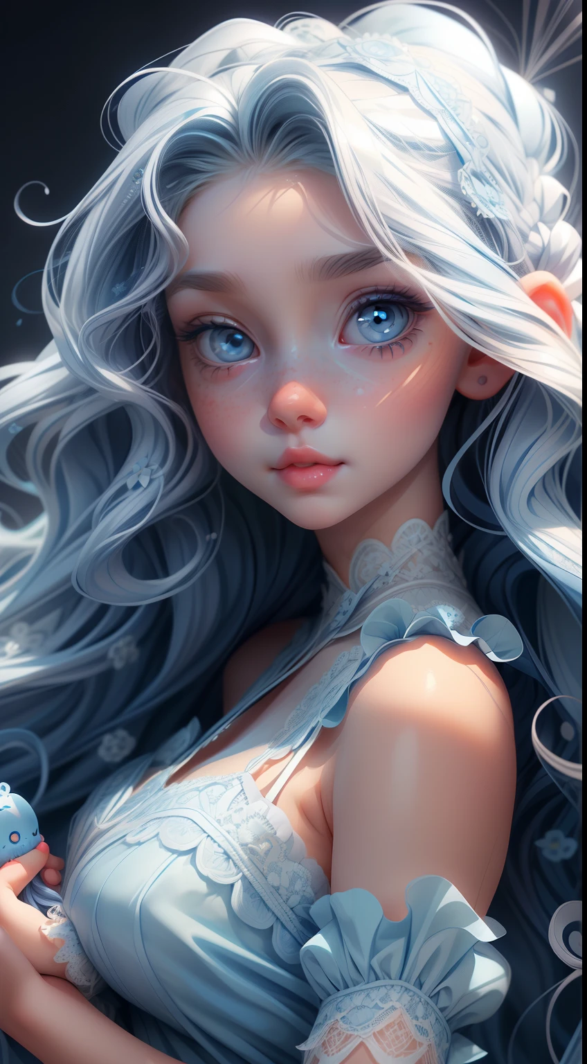 (1 cute girl), (long blue curly hair), grey eyes, wearing a beautiful baby blue lace dress. White skin, splat art background, eye_detail, background_detail, face_detail, hair_detail, more_detail, add_detail, add detailed, cute_face,