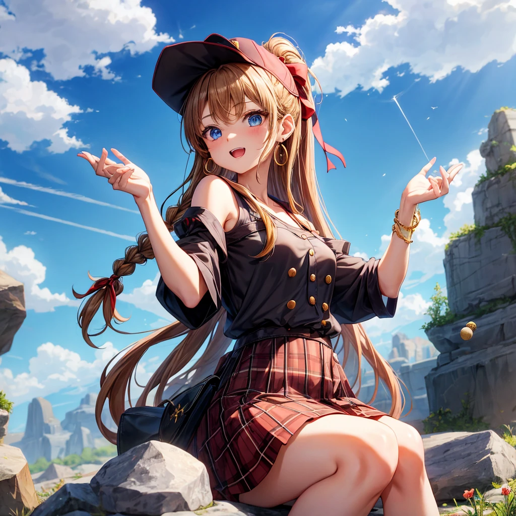 reddish-brown blonde、blue eyes、Braid、ponytail、one good looking girl、solo、anime、Plaid miniskirt、the skirt has buttons、camisole、black t-shirt、dress、Doing the ribbon、Ribbon at waist、cloak、Crystal Grotto、hood、desert、clouds are swirling、stone slabs are piled up、One hand is raised、Wearing a baseball cap 、crystal earrings、sun、sitting、gold coin、teeth are visible、Waist Pouch