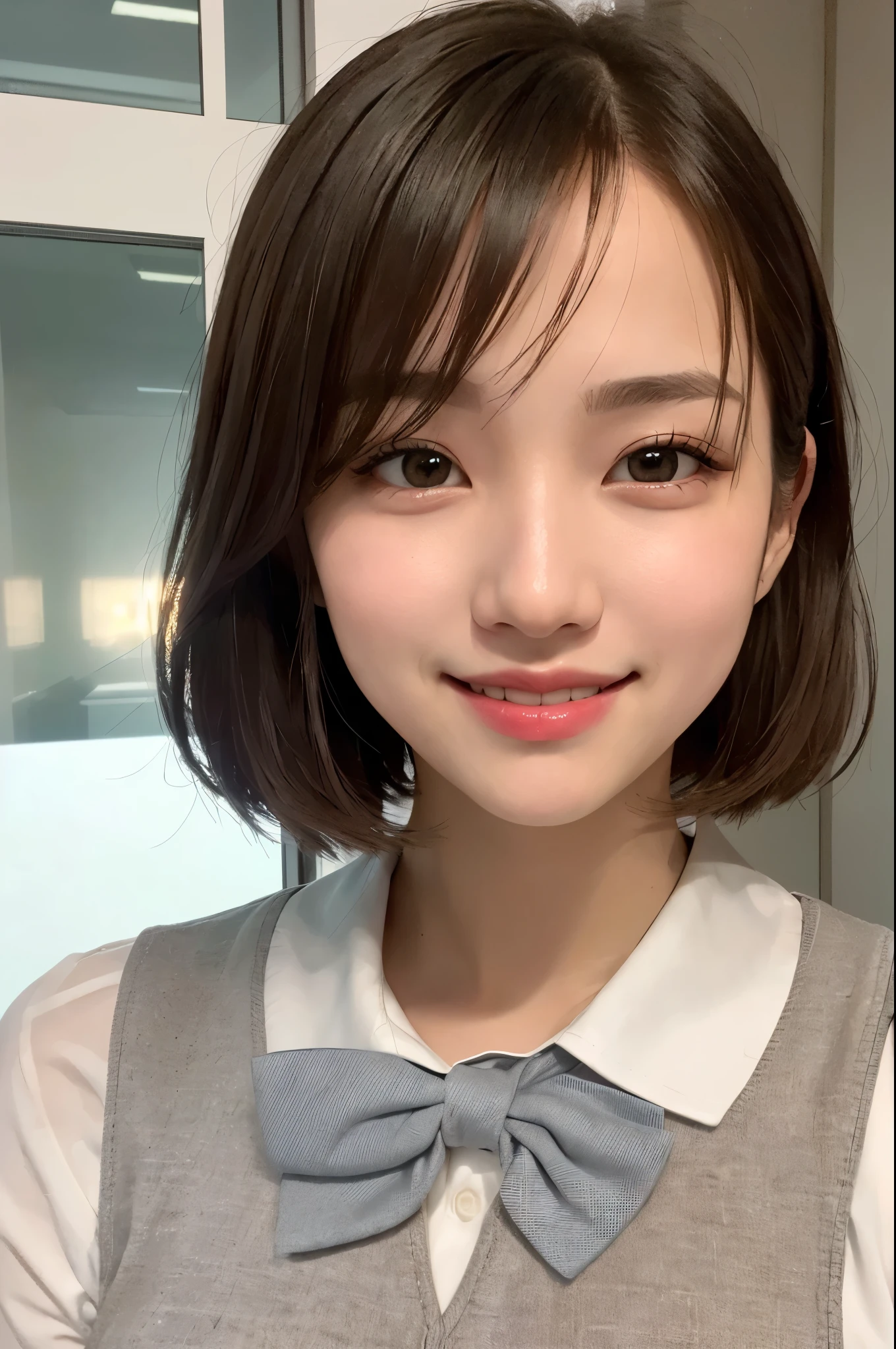 vest, bow, photograph, realistic, highest quality, hire, detailed face, office, building from the window, detailed background, diffused sunlight, Depth of bounds written, Bokeh、beautiful face、smile、ばっちりmake、make、韓国風make、Korean beauty