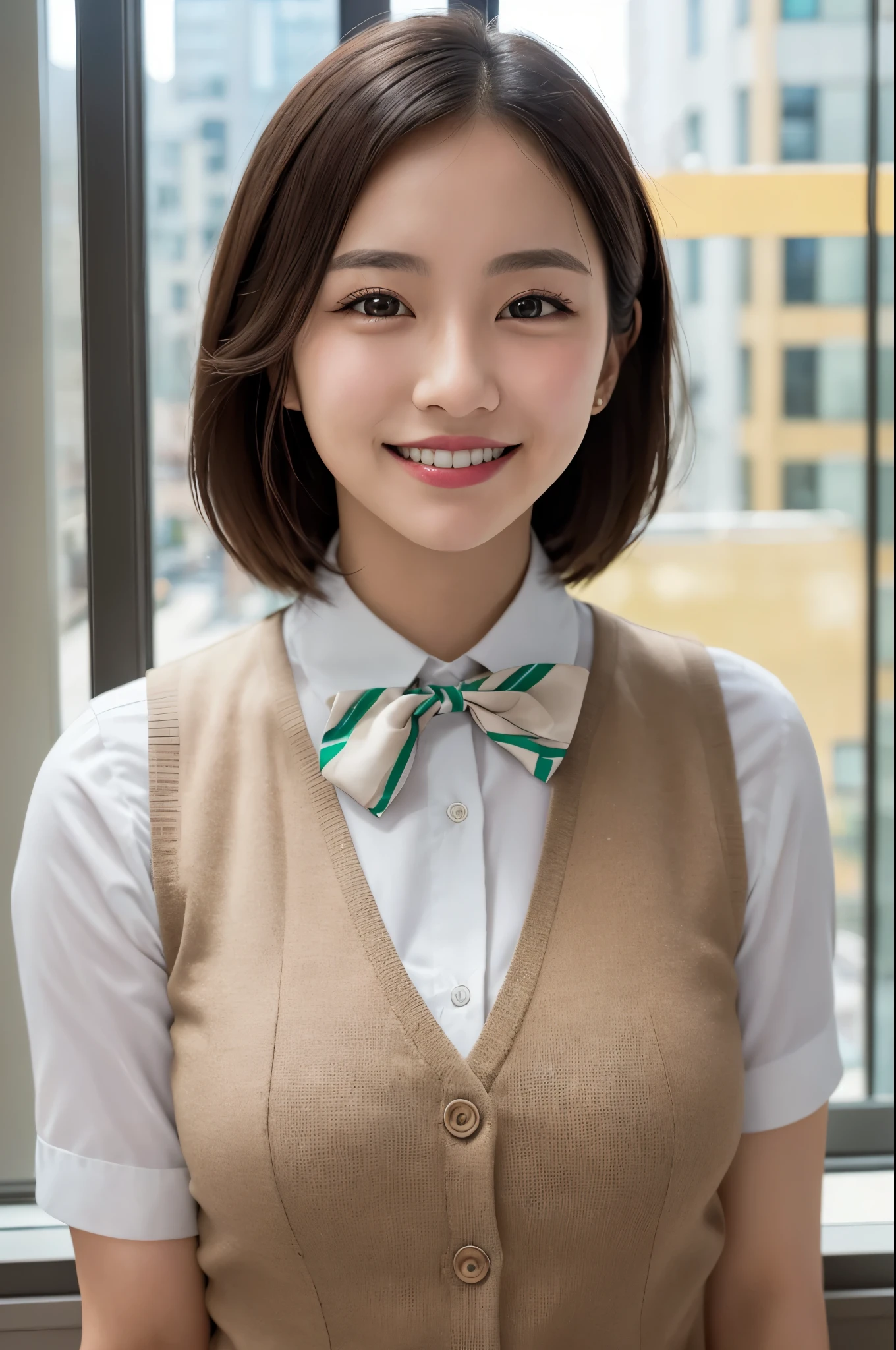 vest, bow, photograph, realistic, highest quality, hire, detailed face, office, building from the window, detailed background, diffused sunlight, Depth of bounds written, Bokeh、beautiful face、smile、ばっちりmake、make、韓国風make、Korean beauty