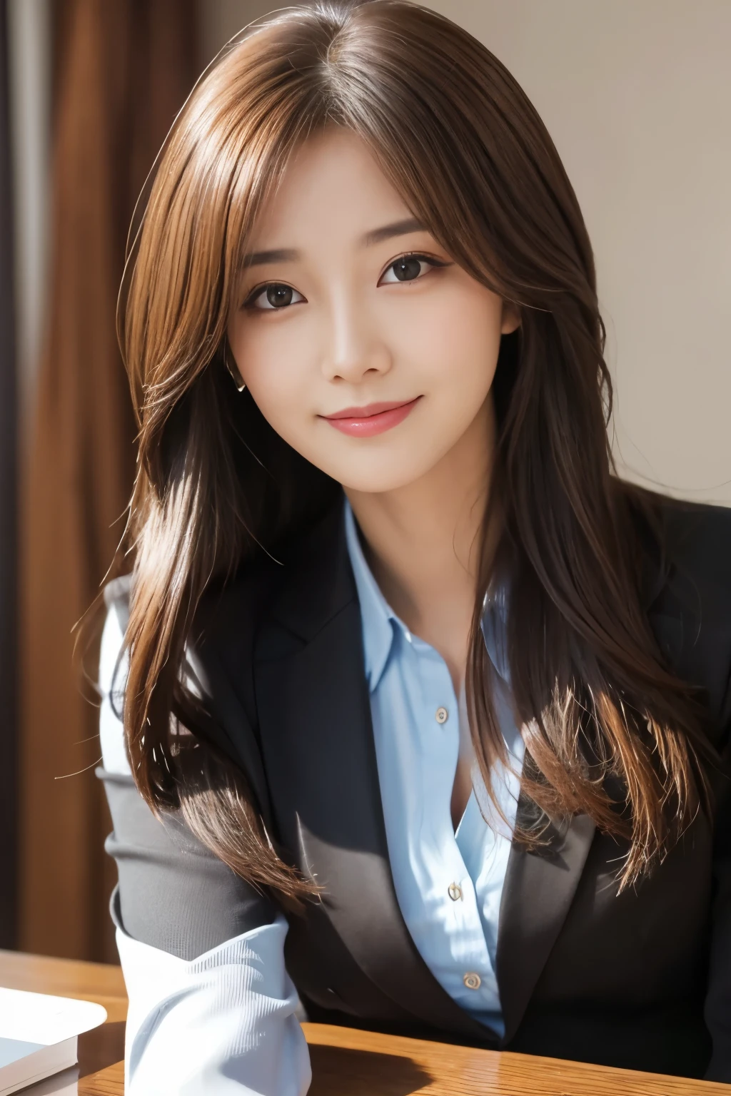 table top、highest quality、genuine、Super detailed、finely、High resolution、8k wallpaper、one beautiful woman、、、light brown disheveled hair、wearing a business suit、sharp focus、perfect dynamic composition、beautiful and detailed eyes、thin hair、詳細なgenuineな肌の質感、smile、close-up portrait、model body shape
