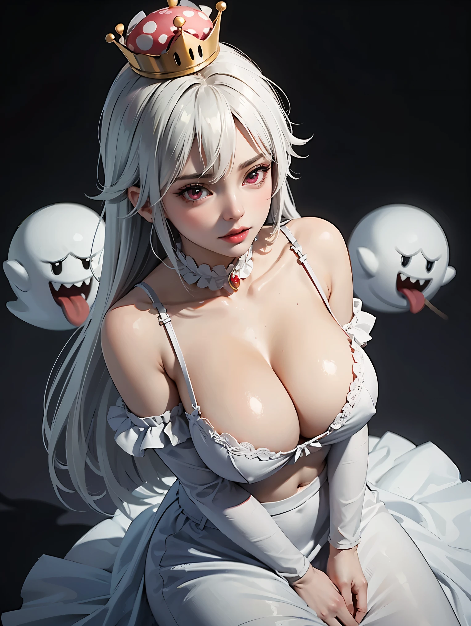 ((high detailed, best quality, 4k, masterpiece, hd:1.3)), ((best quality)), (((HD))), (((8k))), (ultraDH), (ultra HD), Snowy Forest background, snowflake pattern, red eyes, BREAK red eyes, seductive, attractive, smooth anime cg art, 36C breasts, long legs, vivid colors, detailed digital art, slim body, perfect skin, white hair, long hair, light hair, white hair, BREAK crown, cleavage, 36C cleavage, looking at viewer, BREAK looking at viewer, extremely detailed face, earrings, gem, dark white makeup lips, dark gothic eyeshadows, dark eyeshadows, white eyeshadows, white sexy lips, dark lips, very dark lips, (perfect hands, perfect anatomy), white makeup, white medium lips, white thick lips, detailed fingers, five fingers per hand, 5 fingers, (1 girl), detailed lips, detailed white lips, white painted lips, gothic painted lips, BREAK night, night sky, (breast focus), (arms outstreched:1.2), (from above:1.1), (breasts out:1.3), (off shoulder:1.1), (((bra))), (((boos ghosts super mario))),