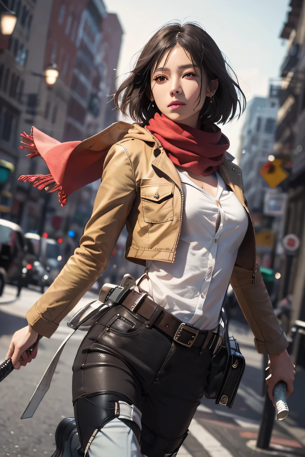 Plan view, masterpiece, highest quality, A High resolution, short hair, black eye, scarf, symbol, belt, thighband, 赤いscarf, white pants, brown jacket, long sleeve, have a weapon, sword, Liu Erdao, Stereoscopic electric gear, arms spread wide, stand on one leg, wide shot, null, highest quality, High resolution.