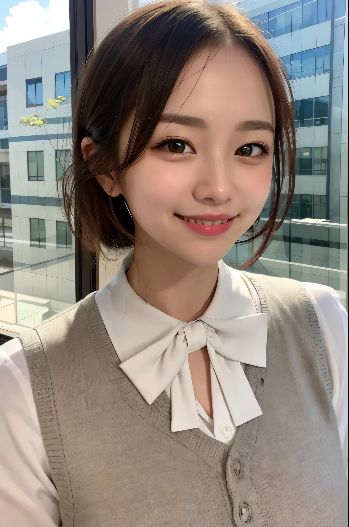 vest, bow, photograph, realistic, highest quality, hire, detailed face, office, building from the window, detailed background, diffused sunlight, Depth of bounds written, Bokeh、beautiful face、smile、ばっちりmake、make、韓国風make、Korean beauty