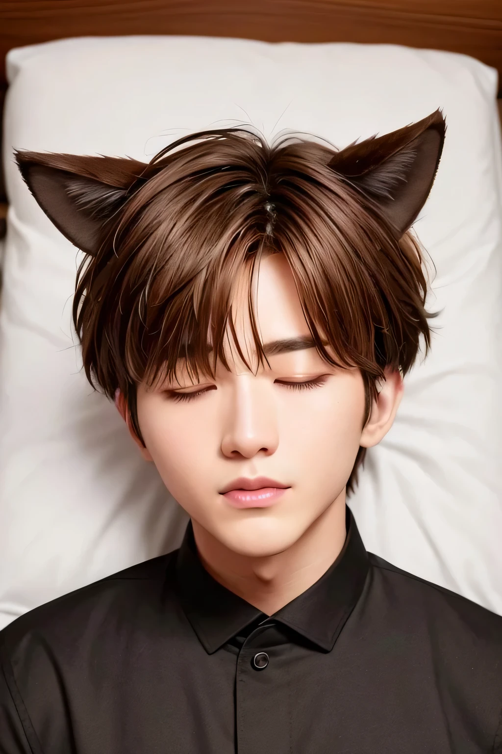 1 person、high quality，masterpiece，8K, (shot from above)、(Close-up of a headshot)、、dog ears、　sleep in bed、short brown hair