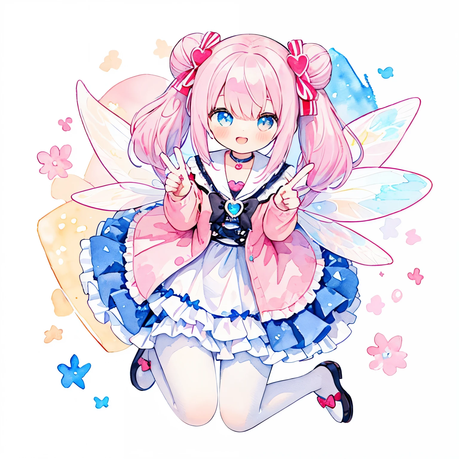 peace sign:1.3,(pastel colour:1.3)、(cute illustration:1.3)、(watercolor paiting:1.1)、(Wearing large transparent fairy wings with polka dots:1.3),Falling from the sky,head down, raise your feet, Blue haired girl,Improve,ultra wide angle ,detailed background、Fairy holding a bouquet of flowers smiling with open mouth、Fancy Fairy、A pink-haired、Bun head、jumpping、floating、masterpiece, highest quality, 1 girl, 一人in, length_hair, From above, 軽いsmile, panorama, perspective, looking for_in_viewer, 前hair, skirt, shirt, pink hair, colored inner hair, length_dispel, bow, ribbon, twin tails, hair_bow, heart, pantyhose, frills, shoes, choker, dull_前hair, black_skirt, pink_eye, frills付き_skirt, pink_bow, plinform_footwear, pink_theme, jirai_kei, whole body,,white background, bees sign:1.3、mist、Marble、(pastel colour: 1.5), (cute illustration: 1.5), (watercolor: 1.2), Blue background, one girl, smile, in water, dress, Clownfish, Sparkling