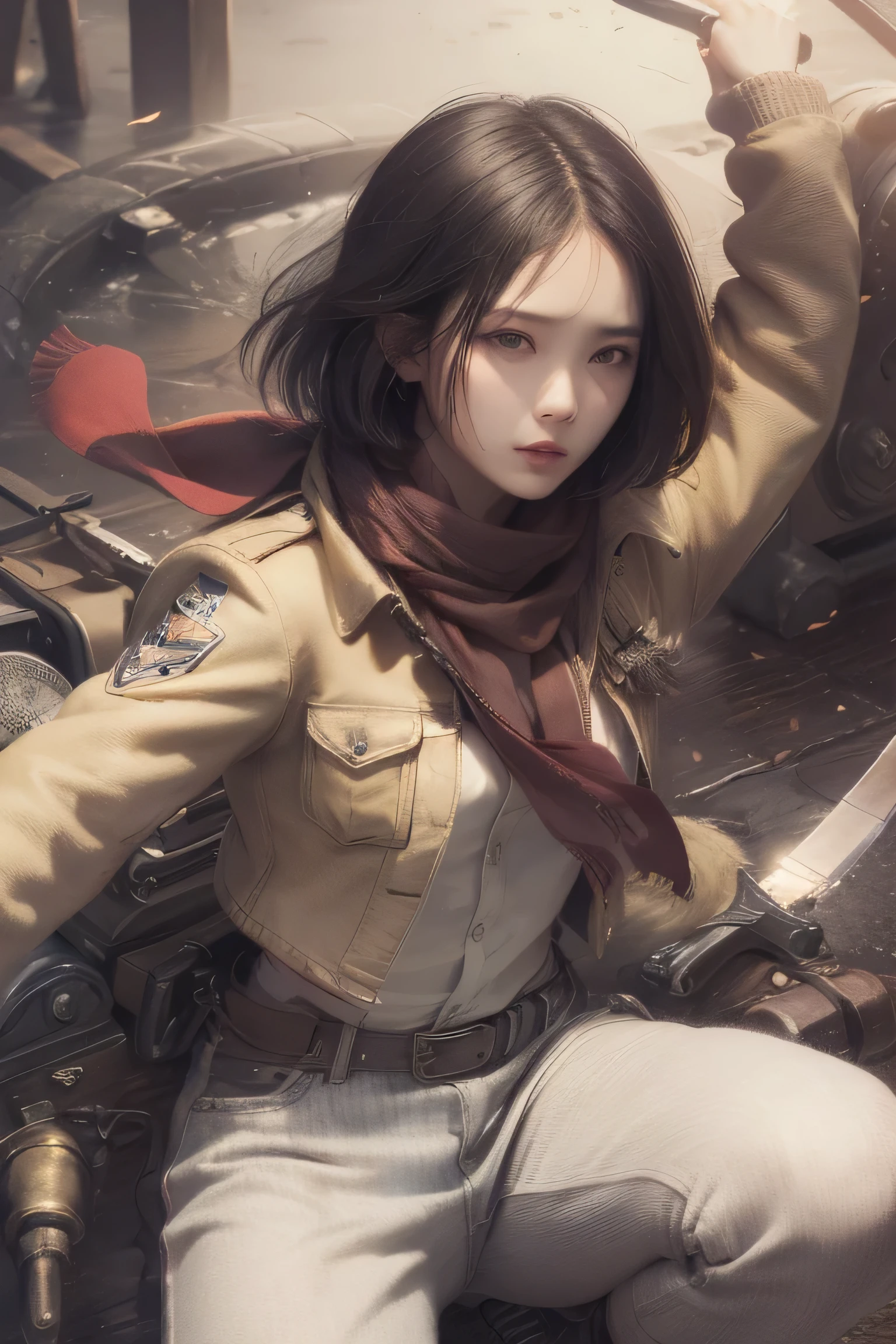 Plan view, masterpiece, highest quality, A High resolution, short hair, black eye, scarf, symbol, belt, thighband, 赤いscarf, white pants, brown jacket, long sleeve, have a weapon, sword, Liu Erdao, Stereoscopic electric gear, arms spread wide, stand on one leg, wide shot, null, highest quality, High resolution.