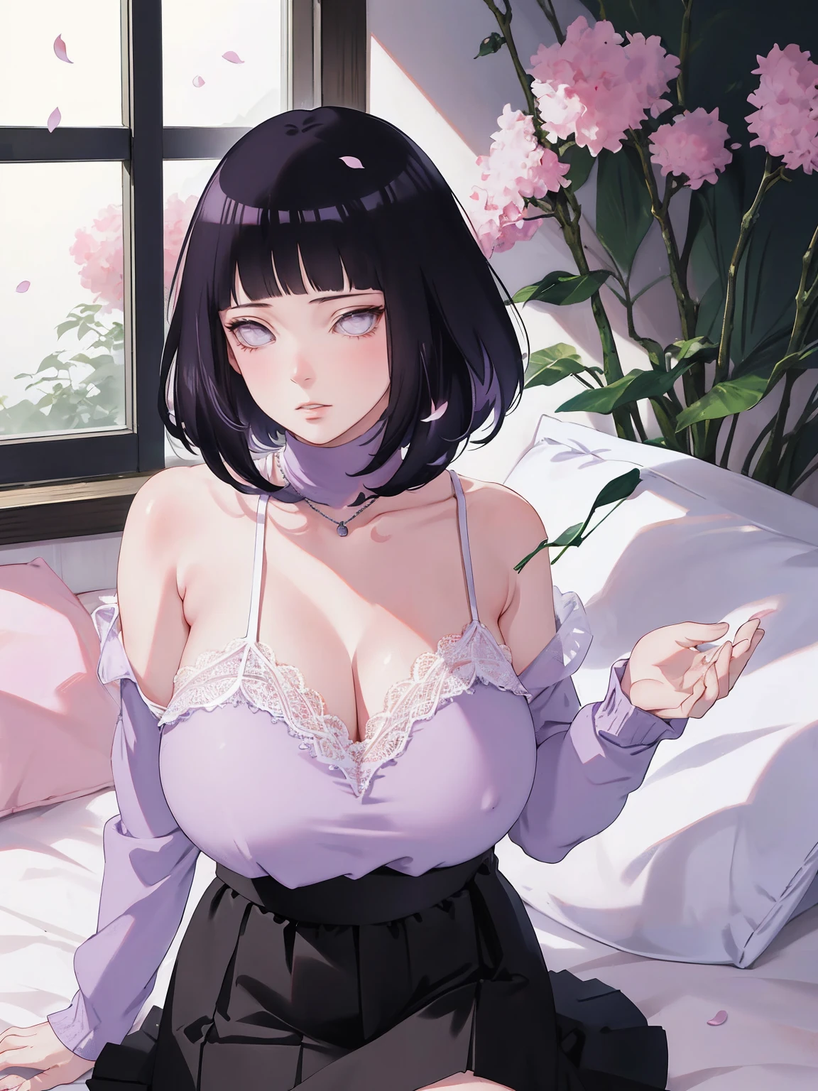 { - anatomy error} (Masterpiece - Ultra-detailed, very high resolution) (huge titusty, masterpiece, absurdres, hinata\(boruto\), 1girl, solo,mature female, off-shoulder bra, high waist black short skirt, looking at viewelling petals), perfect composition, detailed lips, big breast, beautiful face, body propotion, blush, (pink lips), short hair, (black hair), purple eyes, soft gaze, super realistic, detailed, photoshoot, realistic face and body, closed mouth, sitting on the bed , lilac eyes, full body, lace clothes, with chin resting on shoulder, perfect fingers