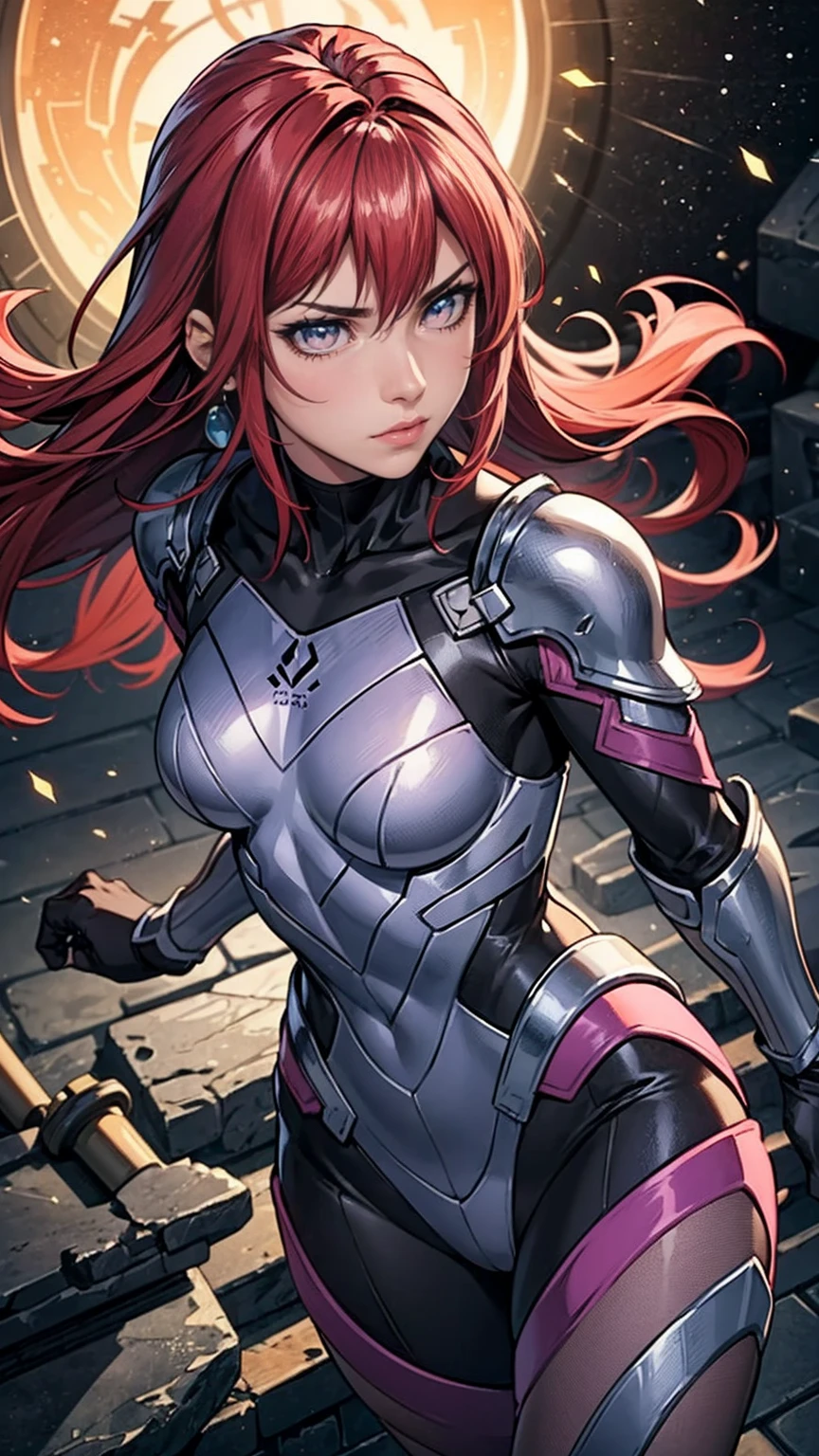 ((1girl, solo, alone, (purple eyes, purple iris), Space Detective, woman, (female external skeleton, full armor), (purple and black combat external skeleton, fighting pose), wasteland, action scene, action pose, masterpiece, rich colors, Backlight, beautiful expression, fantasy art, character art, metallic red and silver combat suit)), TakashiroHiroko, 1girl, mature woman, alone, cowboy shot, looking at viewer, blushing, dark purple eyes, long hair, red hair, earrings, jewelry