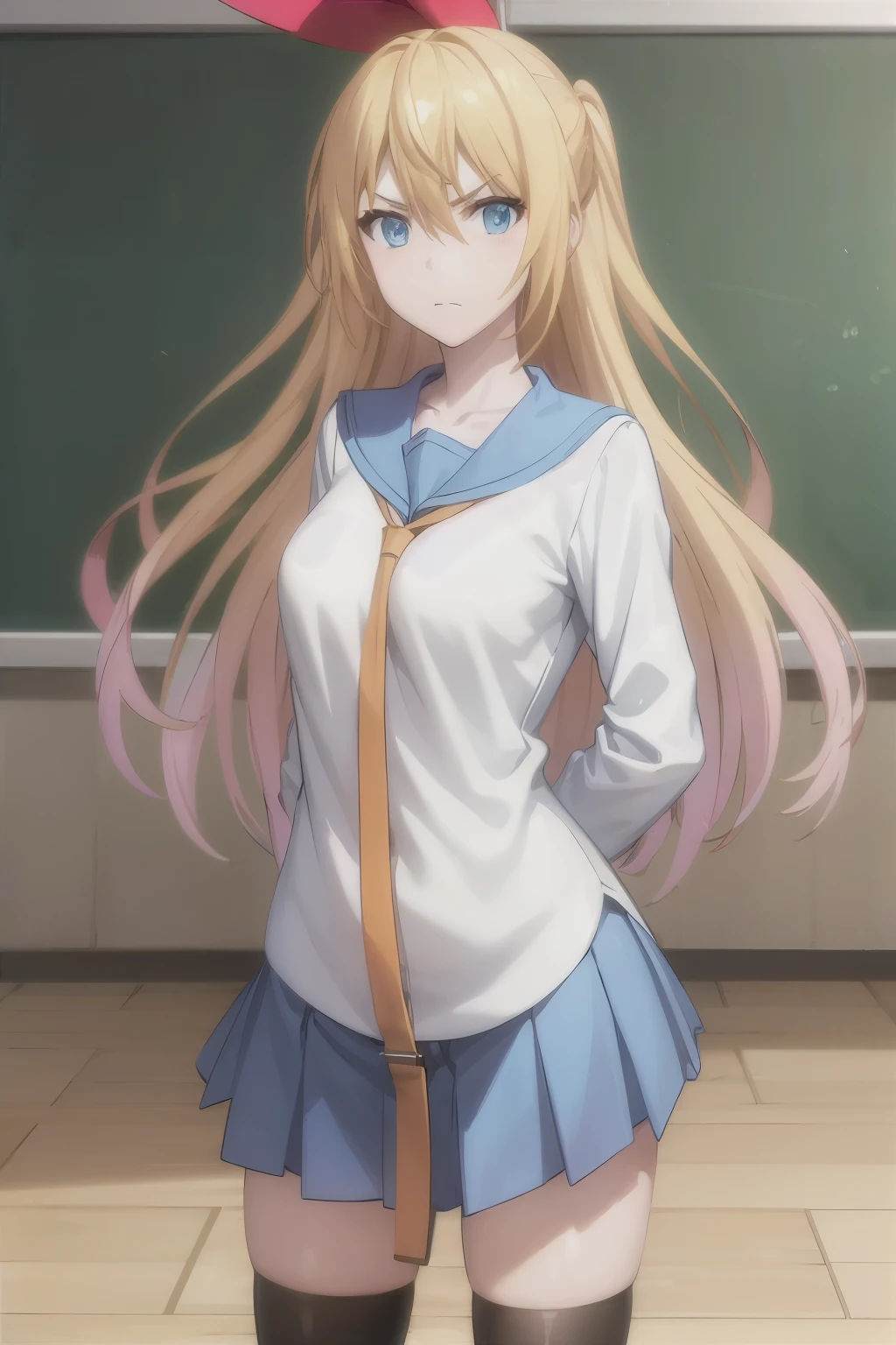 chitogekirisaki, chitoge kirisaki, long hair, blue eyes, blonde hair, ribbon, hair between eyes, very long hair, hair ribbon, multicolored hair, red ribbon, gradient hair, angry, frown, BREAK skirt, shirt, thighhighs, school uniform, collarbone, white shirt, pleated skirt, necktie, serafuku, sailor collar, red ribbon, blue skirt, blue sailor collar, BREAK indoors, classroom, BREAK looking at viewer, (cowboy shot:1.5), BREAK (masterpiece:1.2), best quality, high resolution, unity 8k wallpaper, (illustration:0.8), (beautiful detailed eyes:1.6), extremely detailed face, perfect lighting, extremely detailed CG, (perfect hands, perfect anatomy),