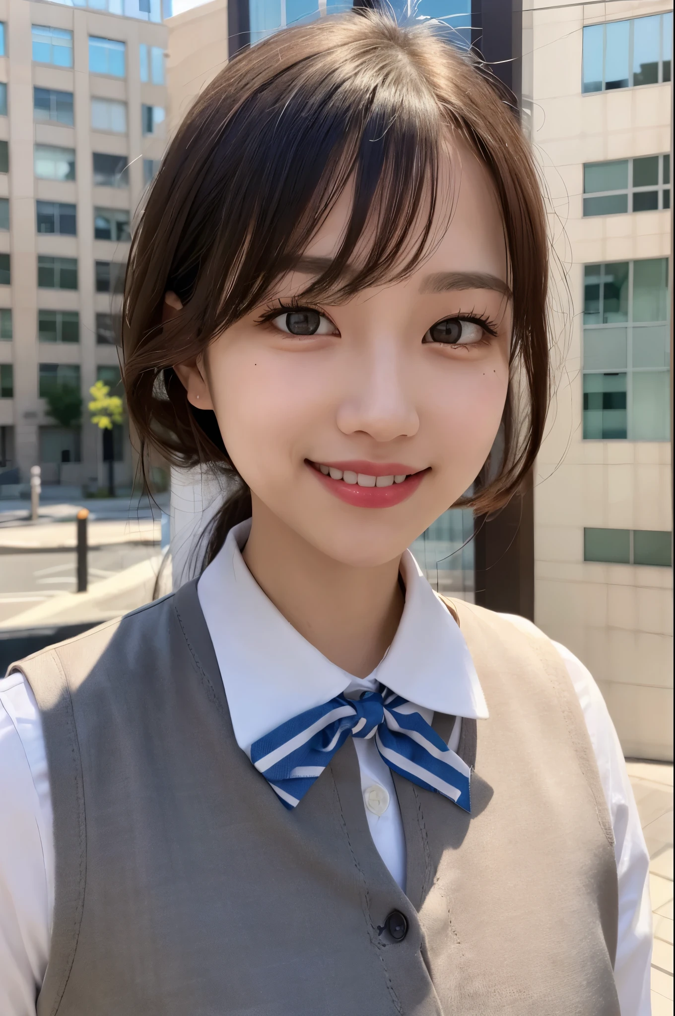 vest, bow, photograph, realistic, highest quality, hire, detailed face, office, building from the window, detailed background, diffused sunlight, Depth of bounds written, Bokeh、beautiful face、smile、ばっちりmake、make、韓国風make、Korean beauty