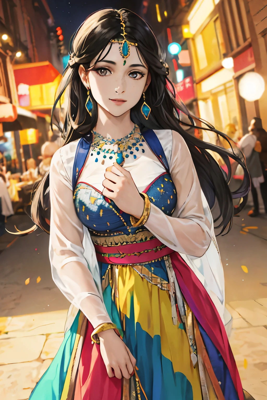 colorful illustration of a woman wearing Kabyle jewelry carrying an English prom dress mixed with Berber patterns, vibrant colors, exquisite details, realistic rendering, bokeh lighting, black hair, white skin with freckles, dark eyes