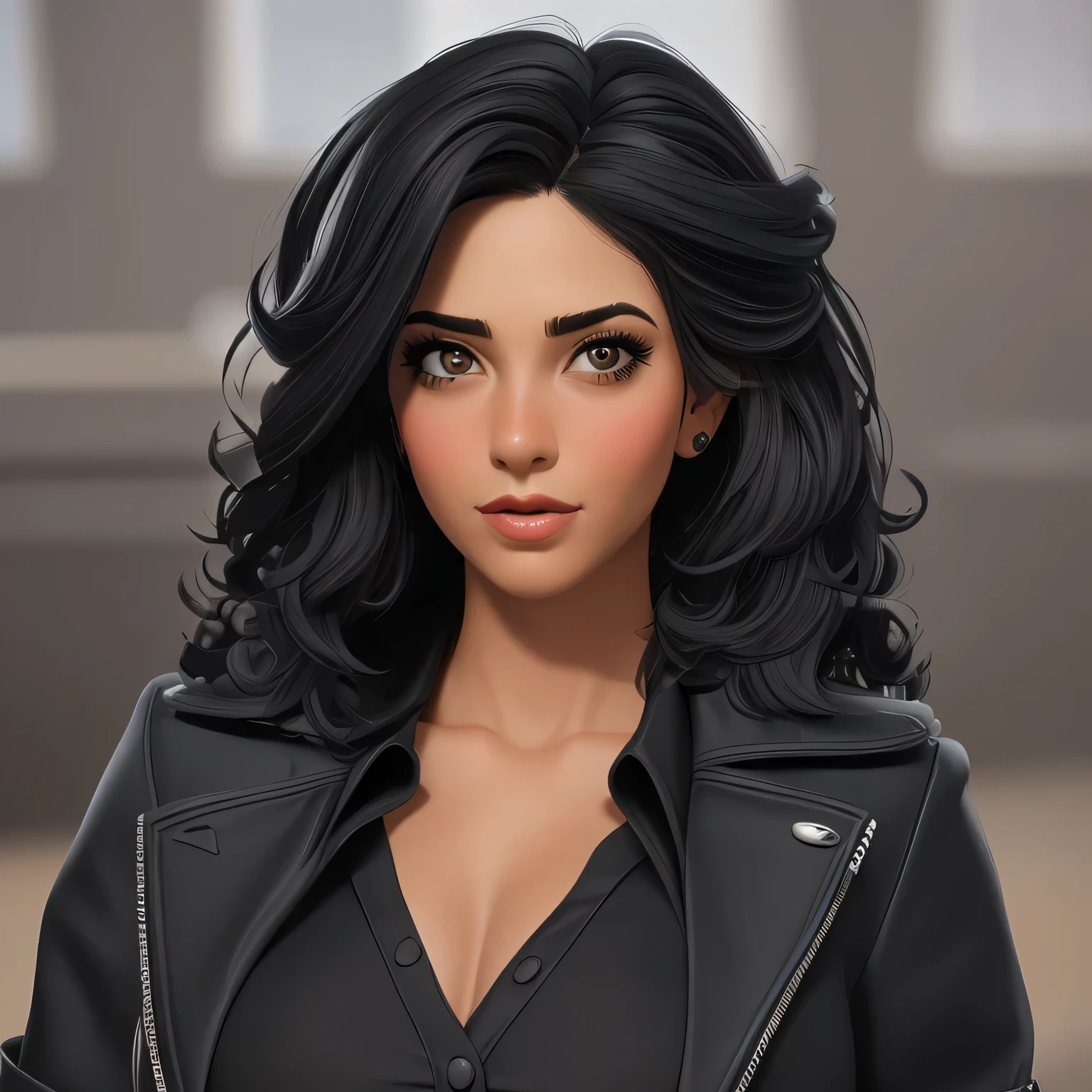 latina, cabelo preto e cacheado, cara seria, brava, jaqueta de couro