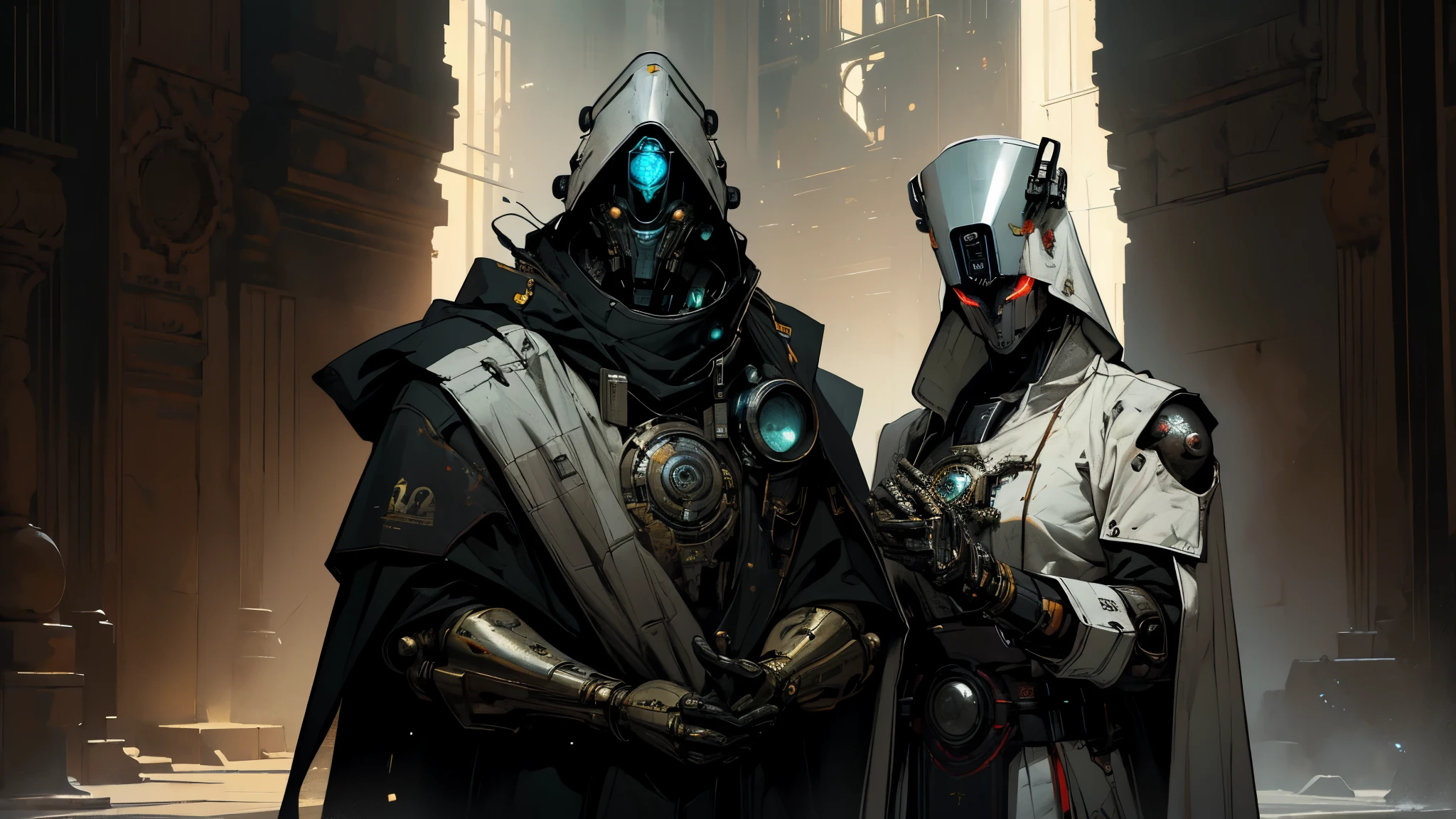 robot, cyborg,((The face is in style of an Exo from Destiny)),Shiny metal skin,Mechanical body parts,Mechanical gears and gears, (devoid of mouth), [Meticulous, Surgical precision],church style background,Science fiction art style,Vibrant colors,High-res,Ultra-detailed,Realistic lighting effects,Bokeh, wearing white robes and cloak, divine pose, two bright eyes,