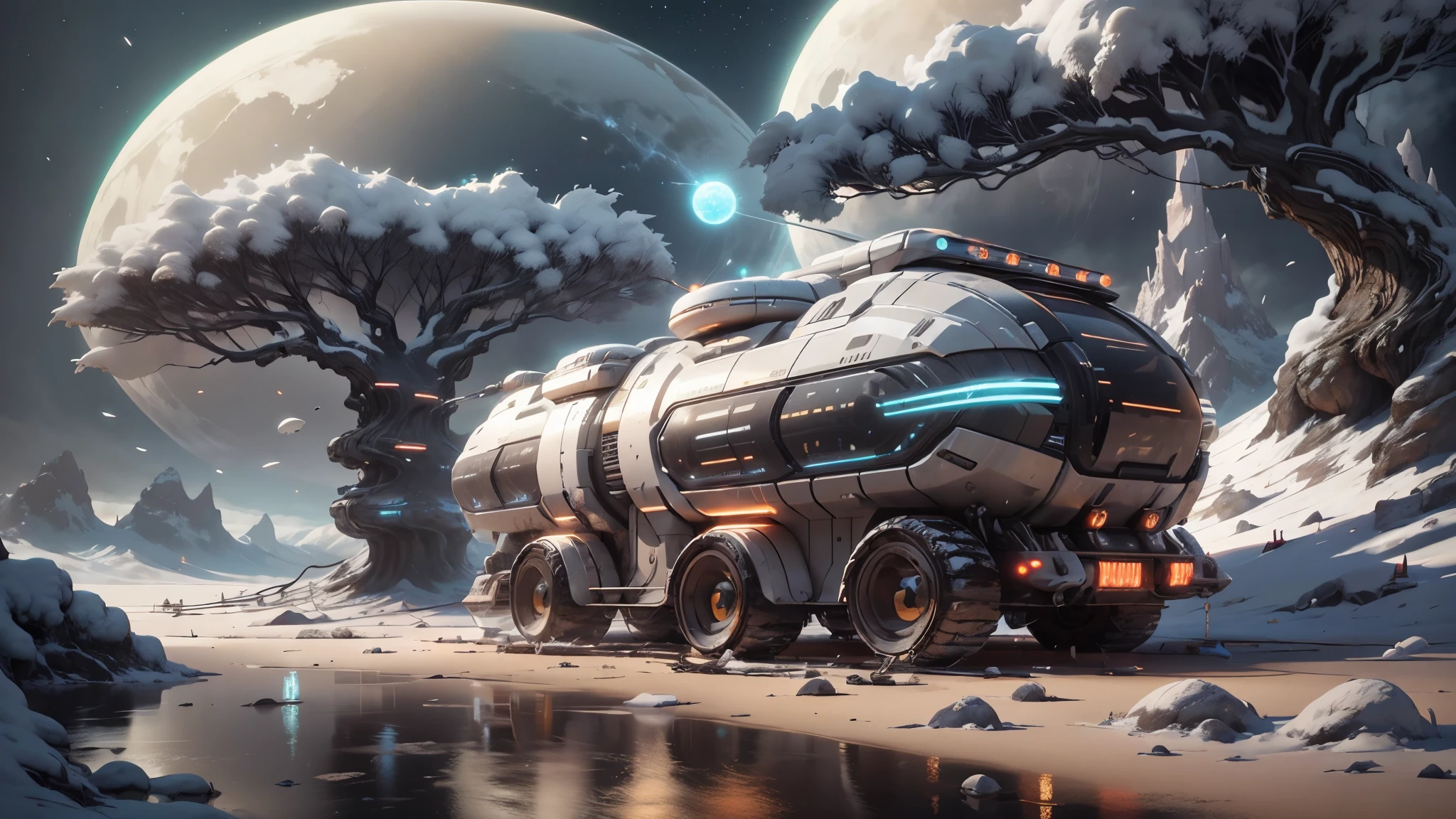 A futuristic luxury(LunarPunkAI:Campervan),Colorful LED lights,Smooth curves,(streamlined line design)。cozily, camping, Reflection,(Surrounded by nature),(Peach blossom tree),(lush landscape)。concept-art, best qualtiy，tmasterpiece，超高分辨率，photograph realistic：1.4， 超詳細，